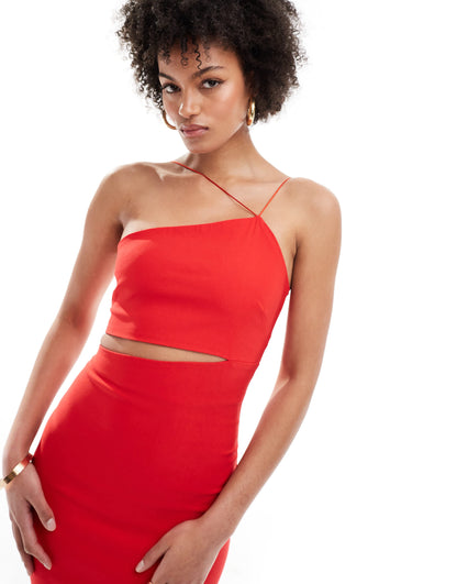 Vesper Tall bengaline asymmetric halterneck midi cut out dress in red