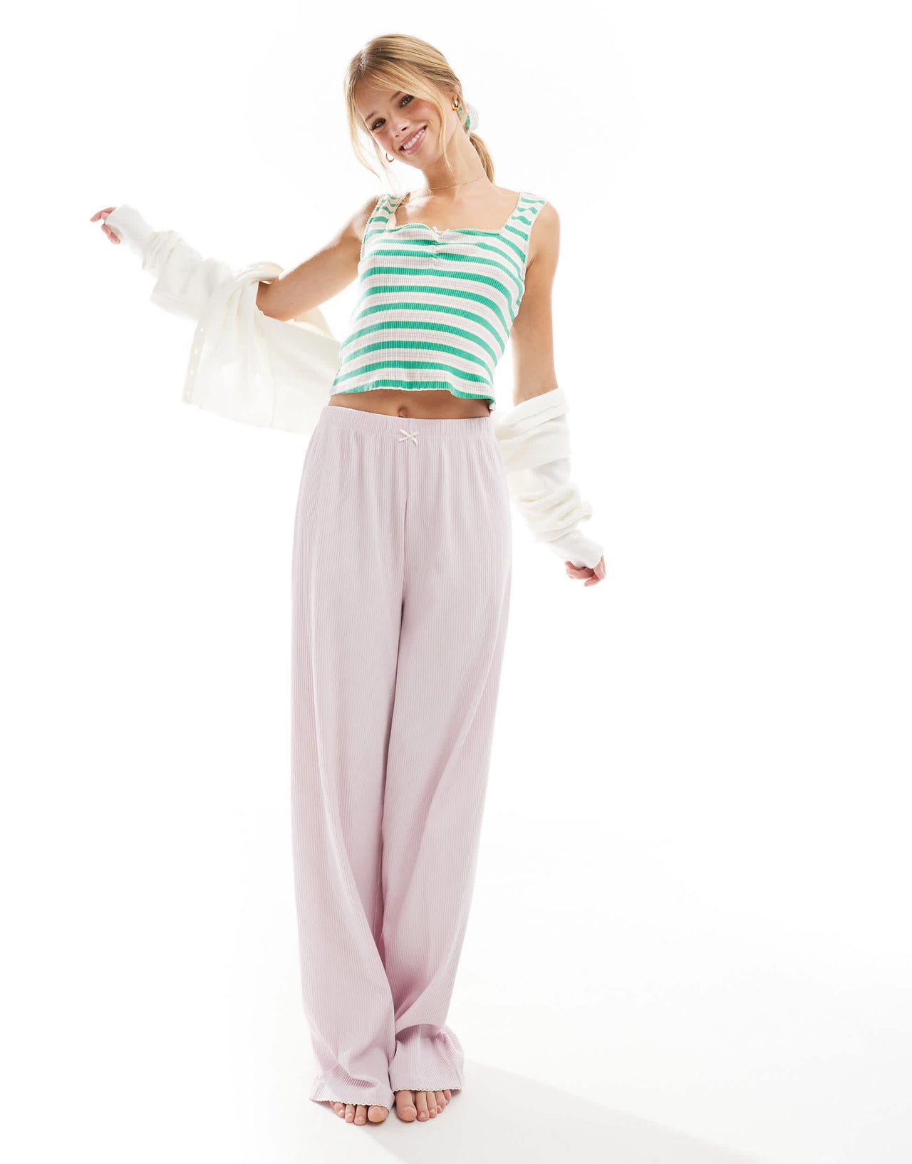 ASOS DESIGN mix & match rib stripe pyjama vest and scrunchie in green and lilac