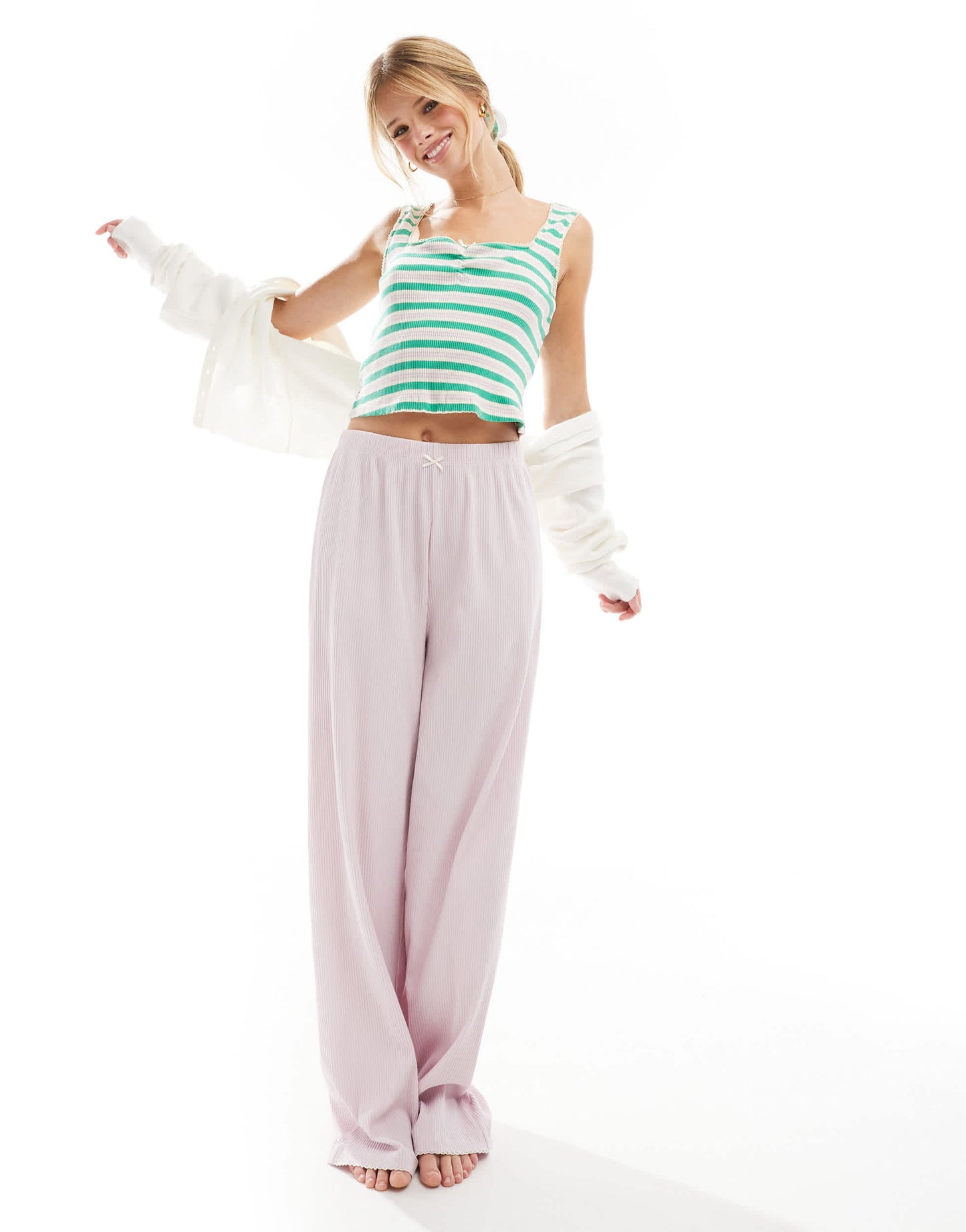 ASOS DESIGN mix & match rib stripe pyjama vest and scrunchie in green and lilac