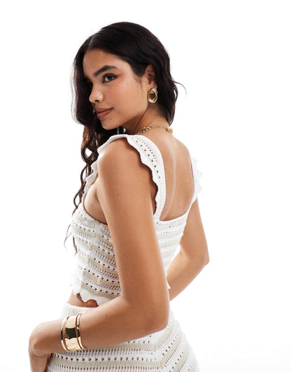 ASOS DESIGN crochet crop top with square neck in neutral stripe co-ord