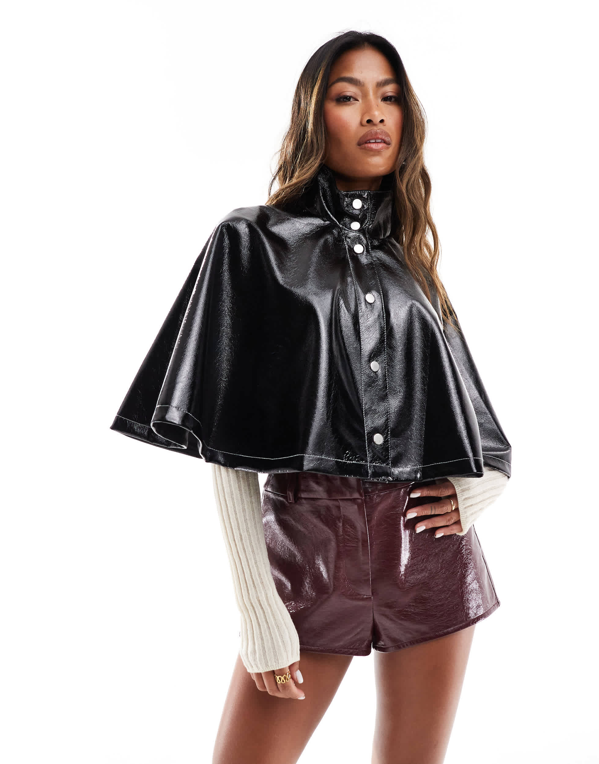 ASOS DESIGN high shine leather look cape jacket in black