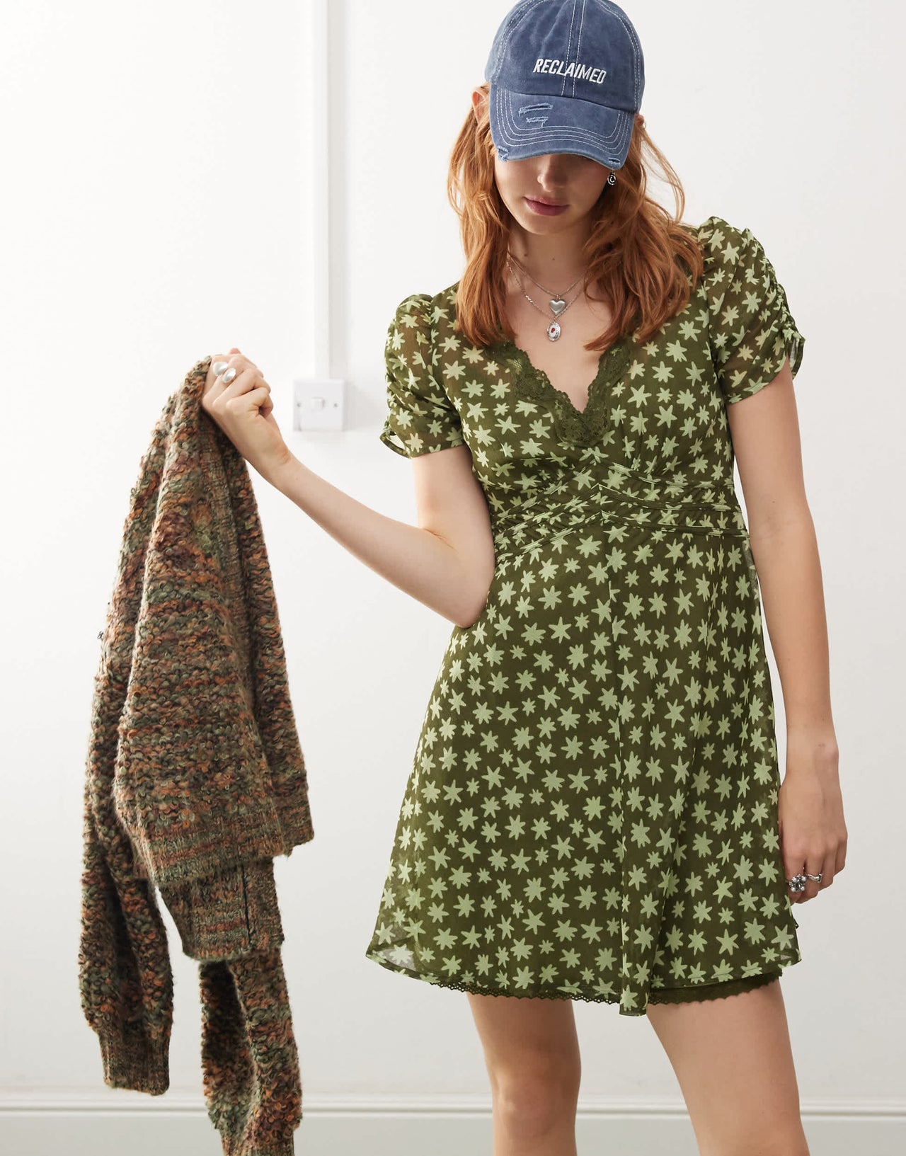 Reclaimed Vintage mini tea dress in green print
