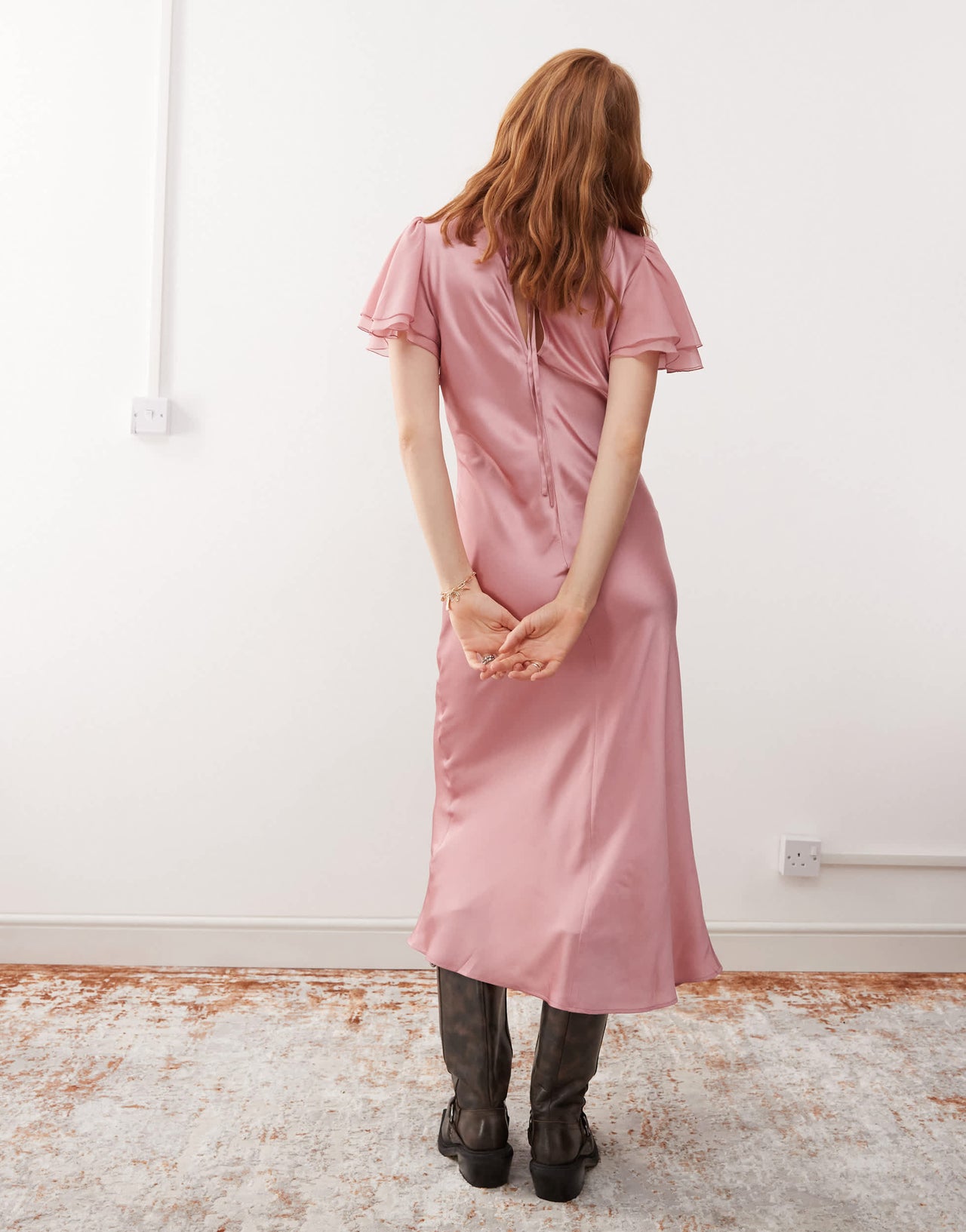 Reclaimed Vintage midi tea dress with lace insert in pastel pink