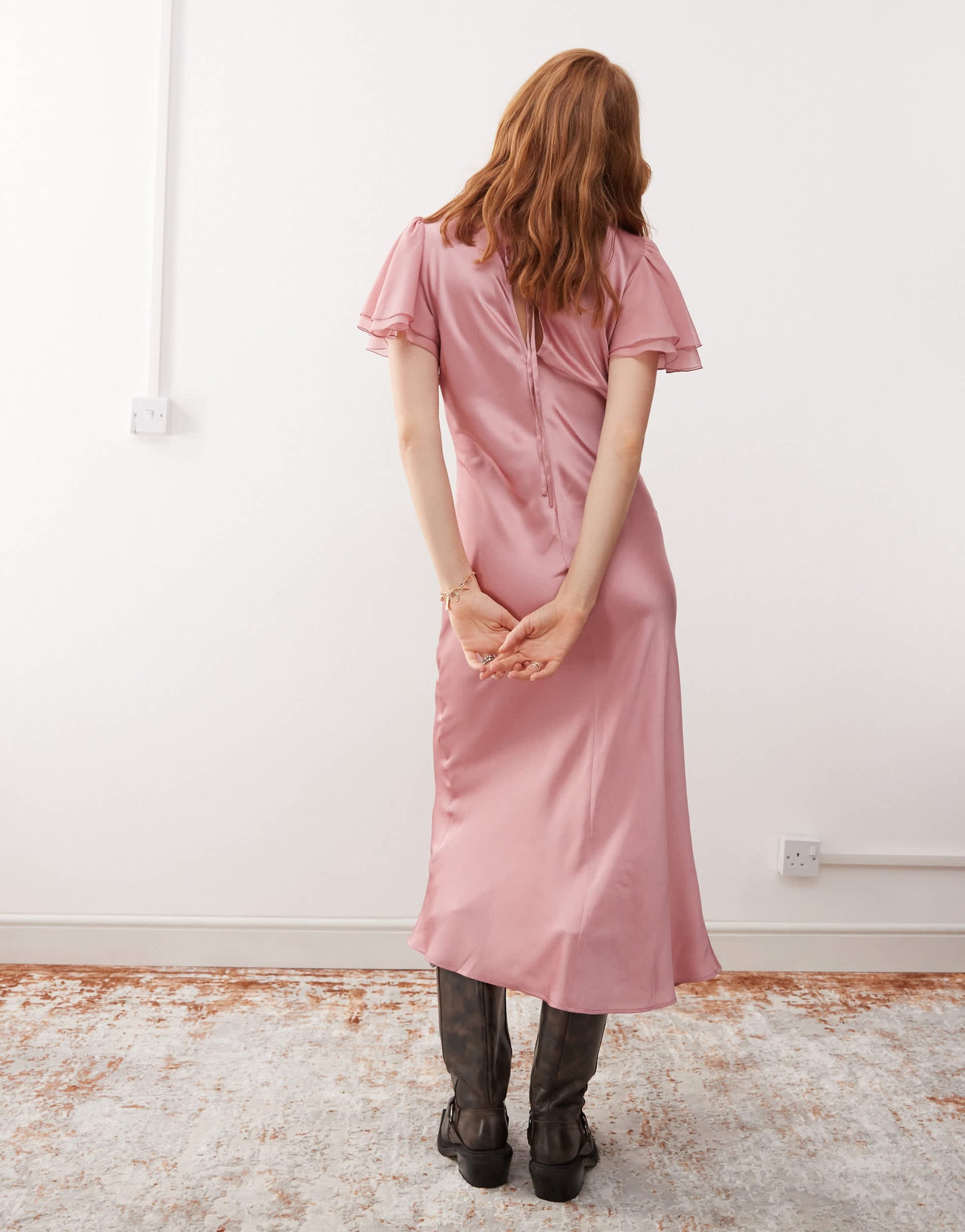 Reclaimed Vintage midi tea dress with lace insert in pastel pink