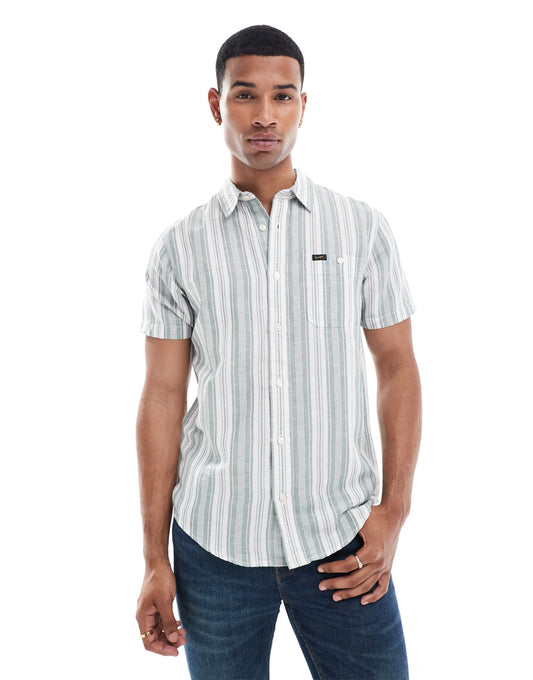 Lee short sleeve stripe linen blend shirt in mid green