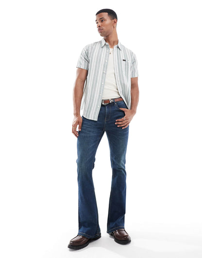 Lee short sleeve stripe linen blend shirt in mid green