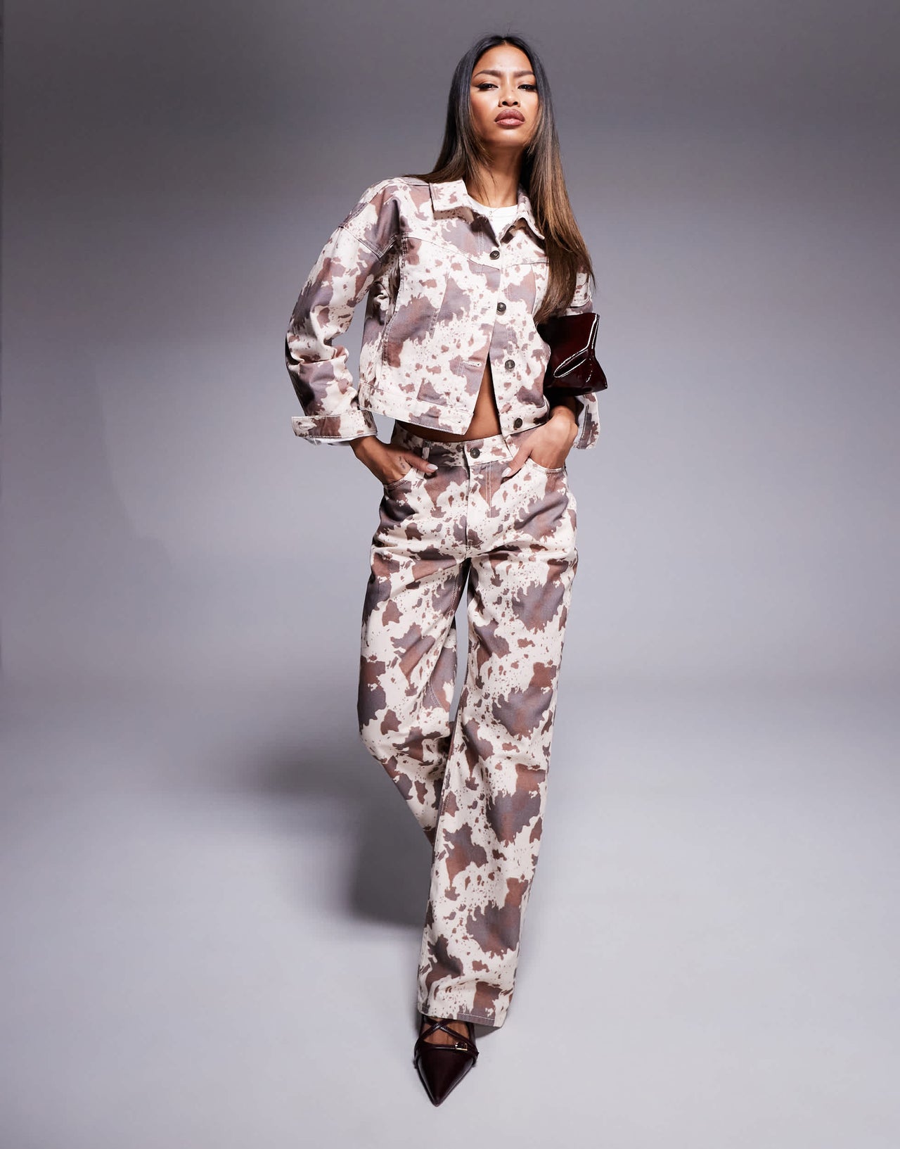 River Island relaxed straight jean co-ord in cow print