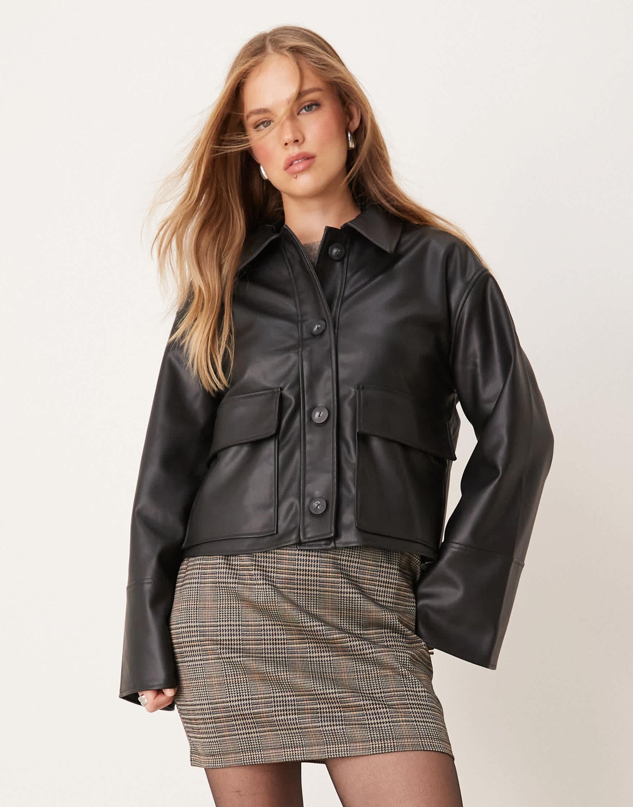 JDY wide sleeves faux leather shirt in black