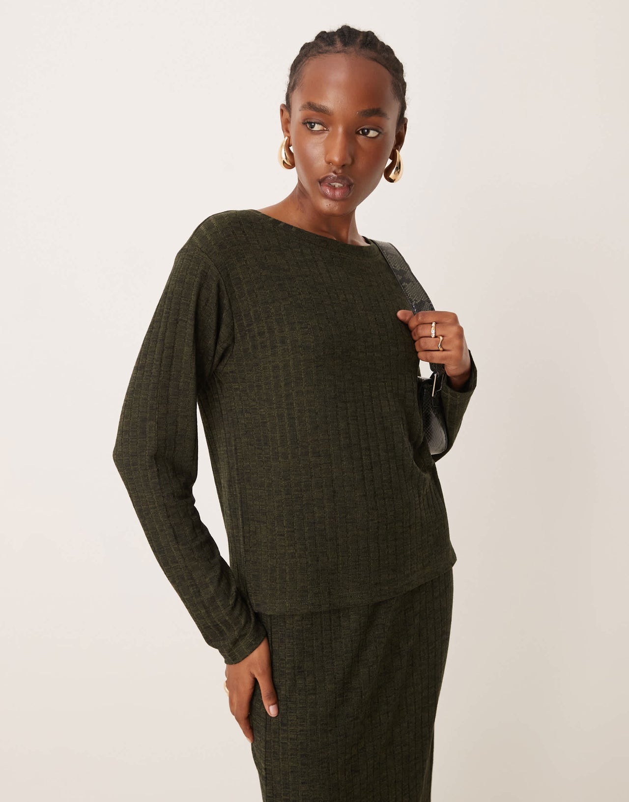 JDY ribbed top co-ord in khaki