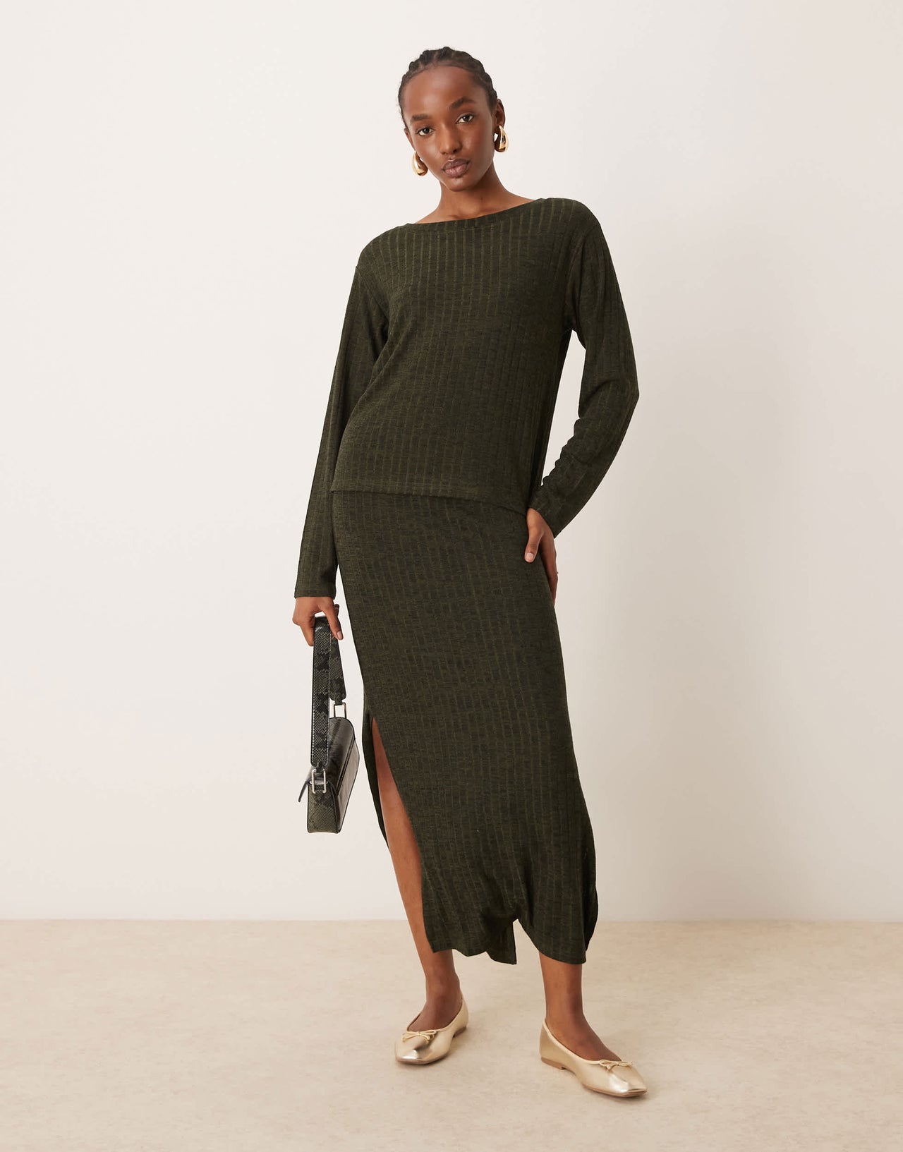 JDY ribbed top co-ord in khaki