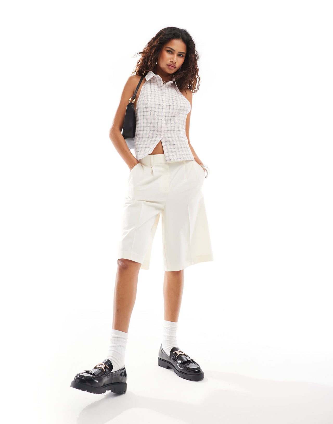 Monki poplin button front halterneck sleeveless shirt in pink check