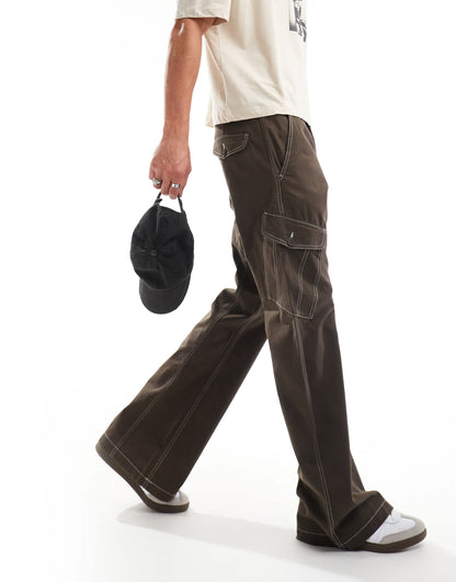 Weekday Tore wide leg cargo trousers in Dark brown
