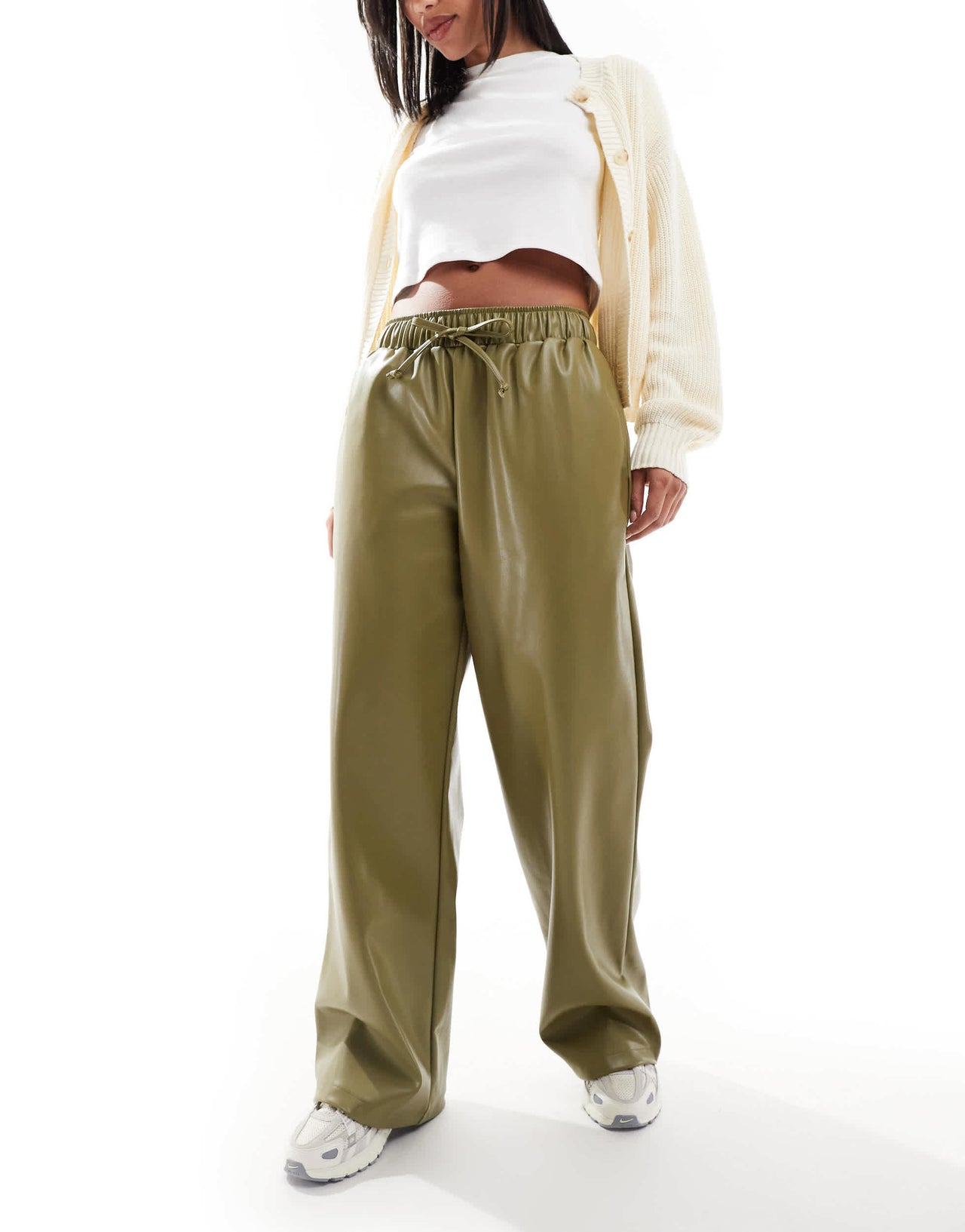 ASOS DESIGN faux leather wide leg pull on trousers in olive