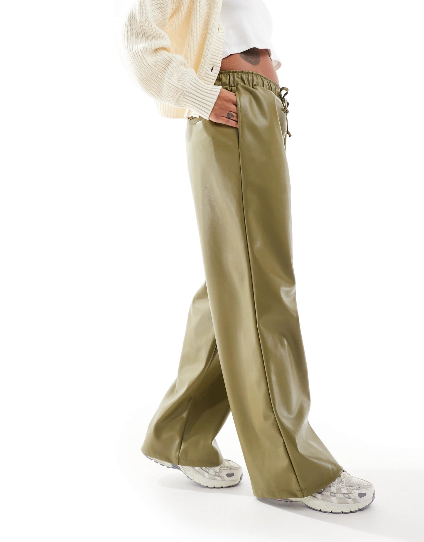 ASOS DESIGN faux leather wide leg pull on trousers in olive