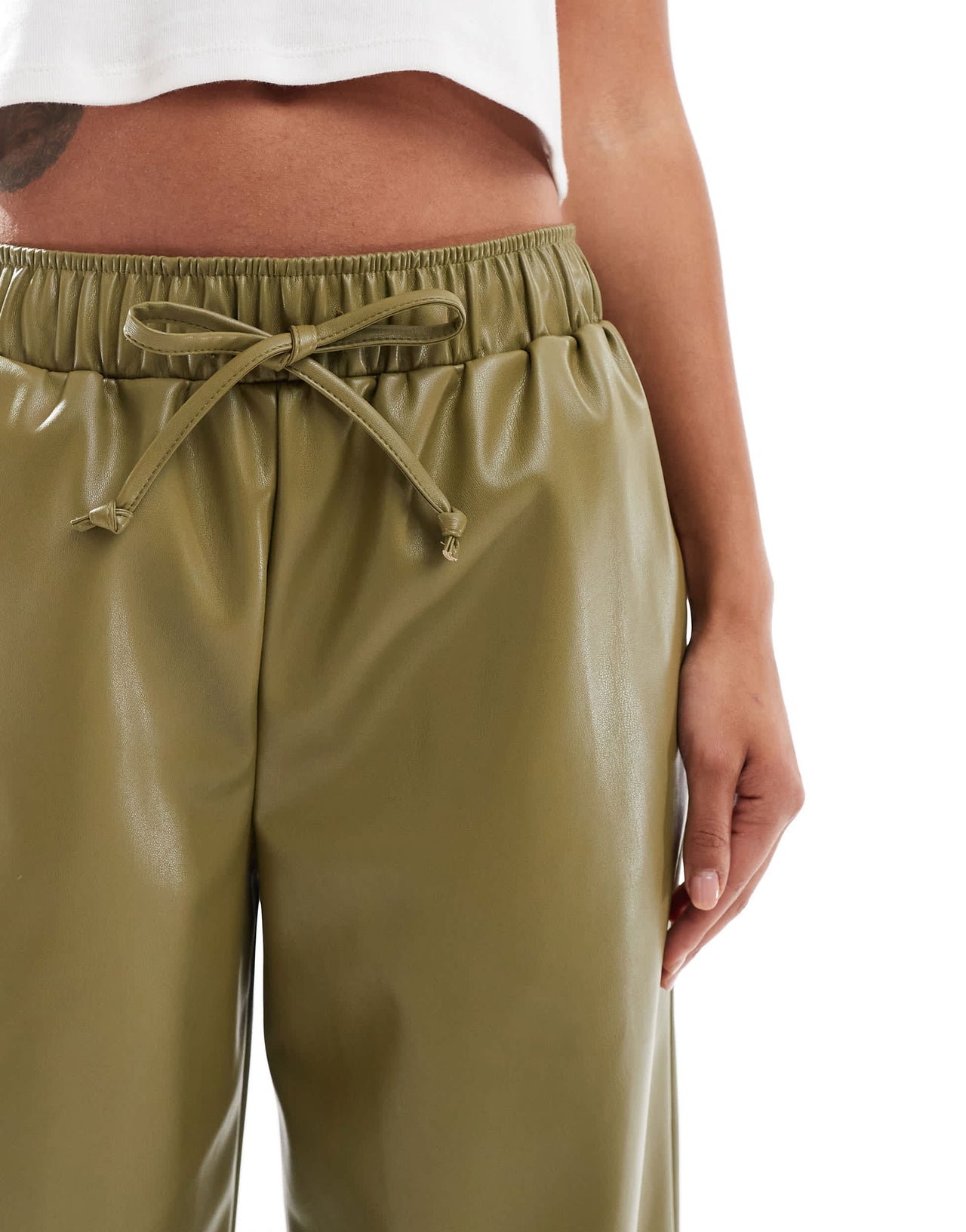 ASOS DESIGN faux leather wide leg pull on trousers in olive