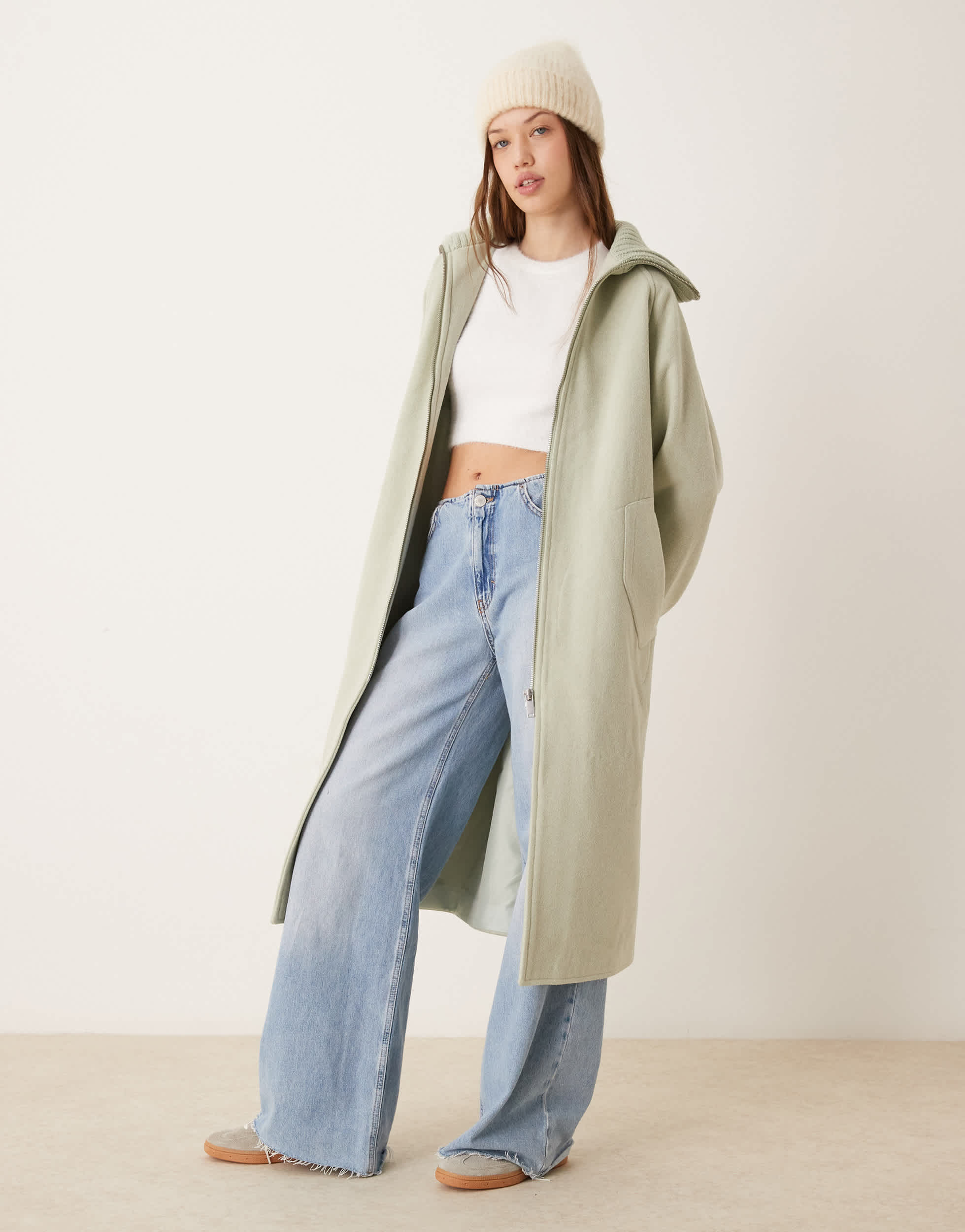 ASOS DESIGN knit collar longline coat in sage