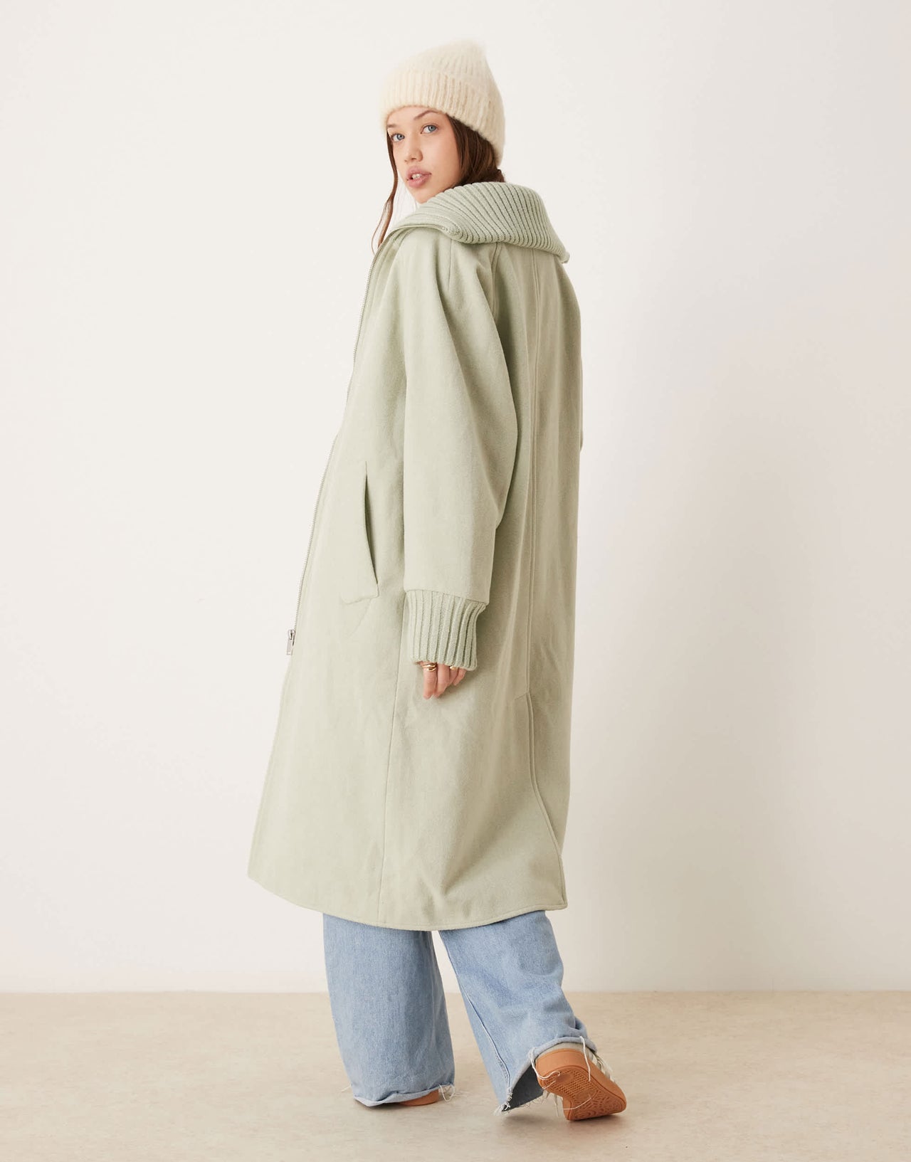ASOS DESIGN knit collar longline coat in sage