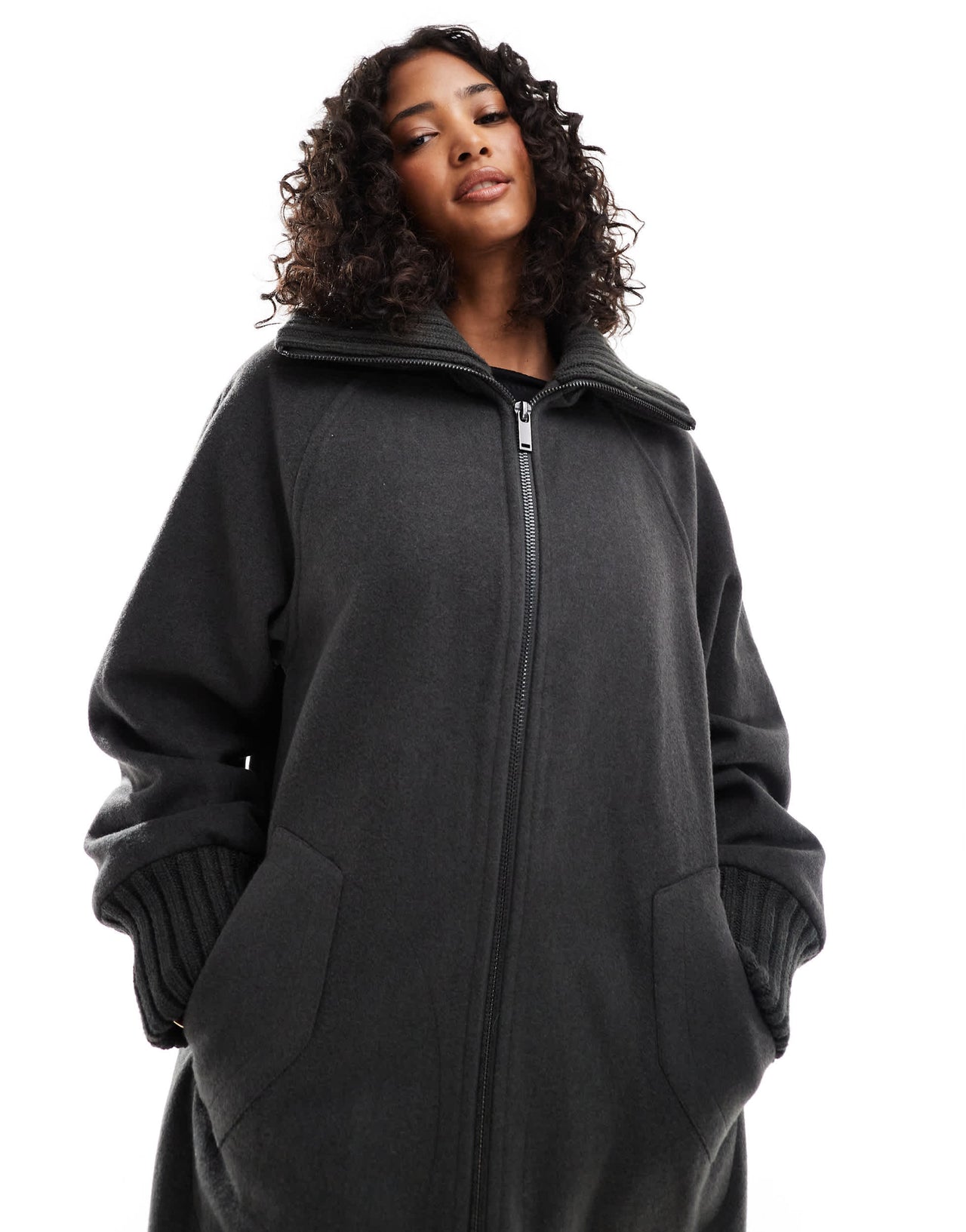 ASOS DESIGN knit collar longline coat in charcoal