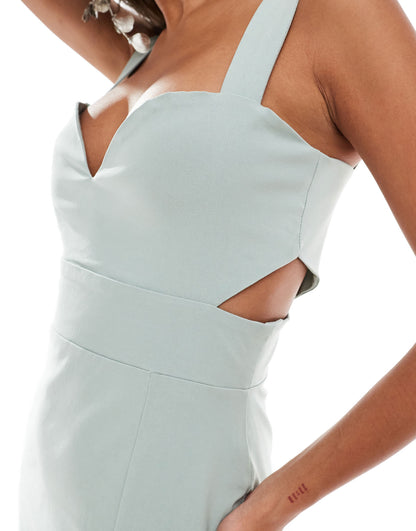 Vesper bengaline cut out detail front split midaxi dress in sage green