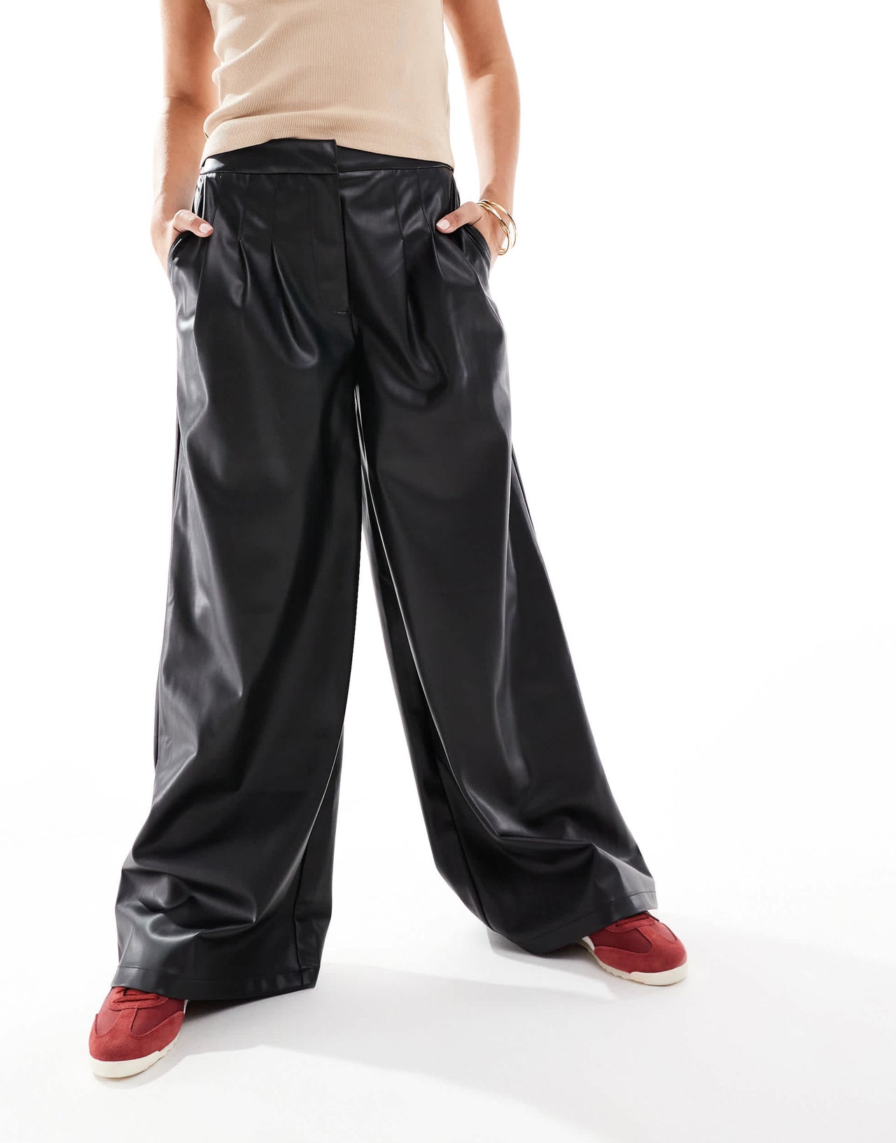 ASOS DESIGN pleat detail faux leather trouser in black