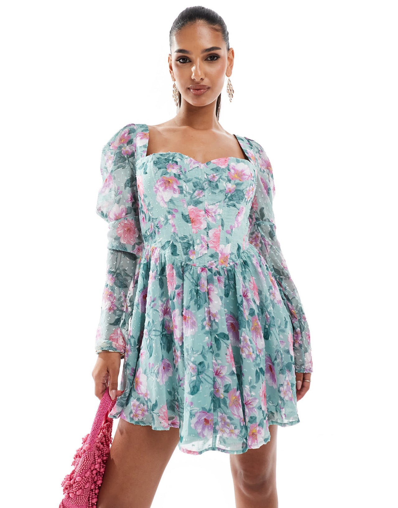 Lace & Beads long sleeve corset mini dress in green floral