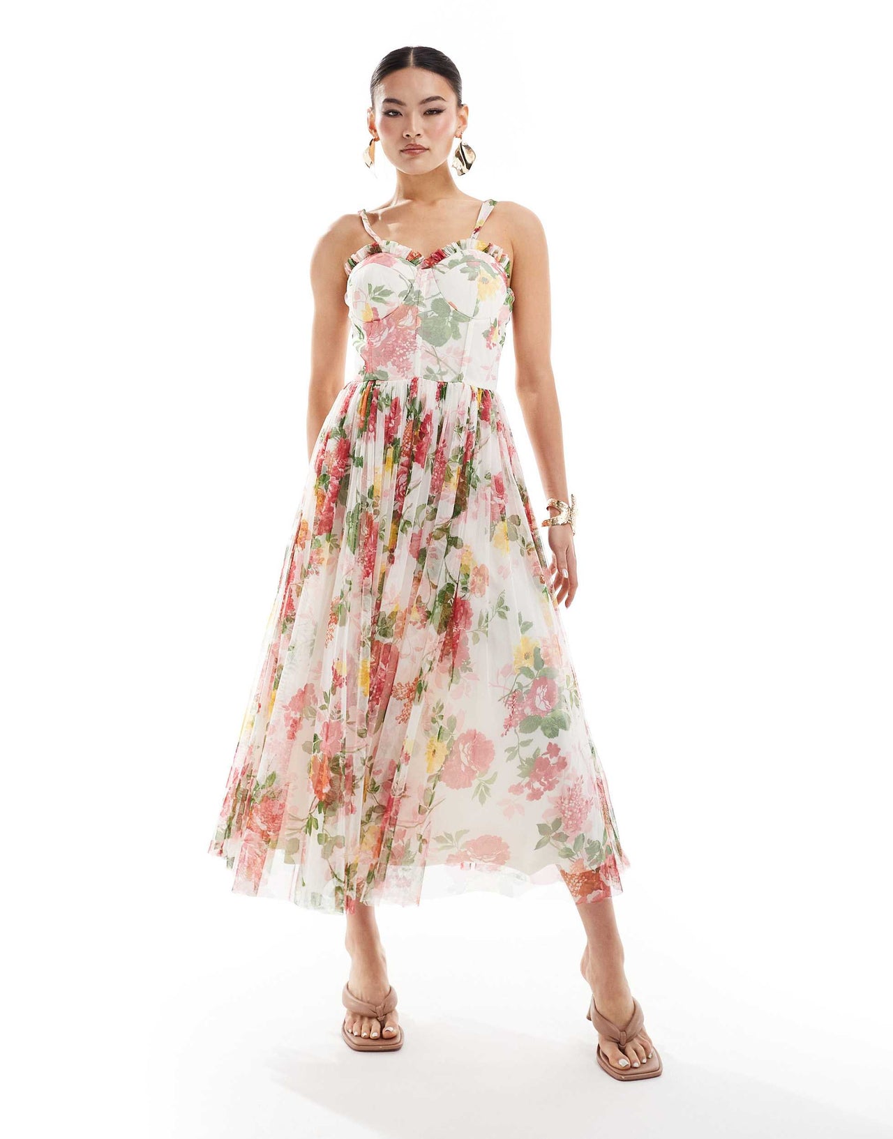Lace & Beads tulle midi dress in cream floral