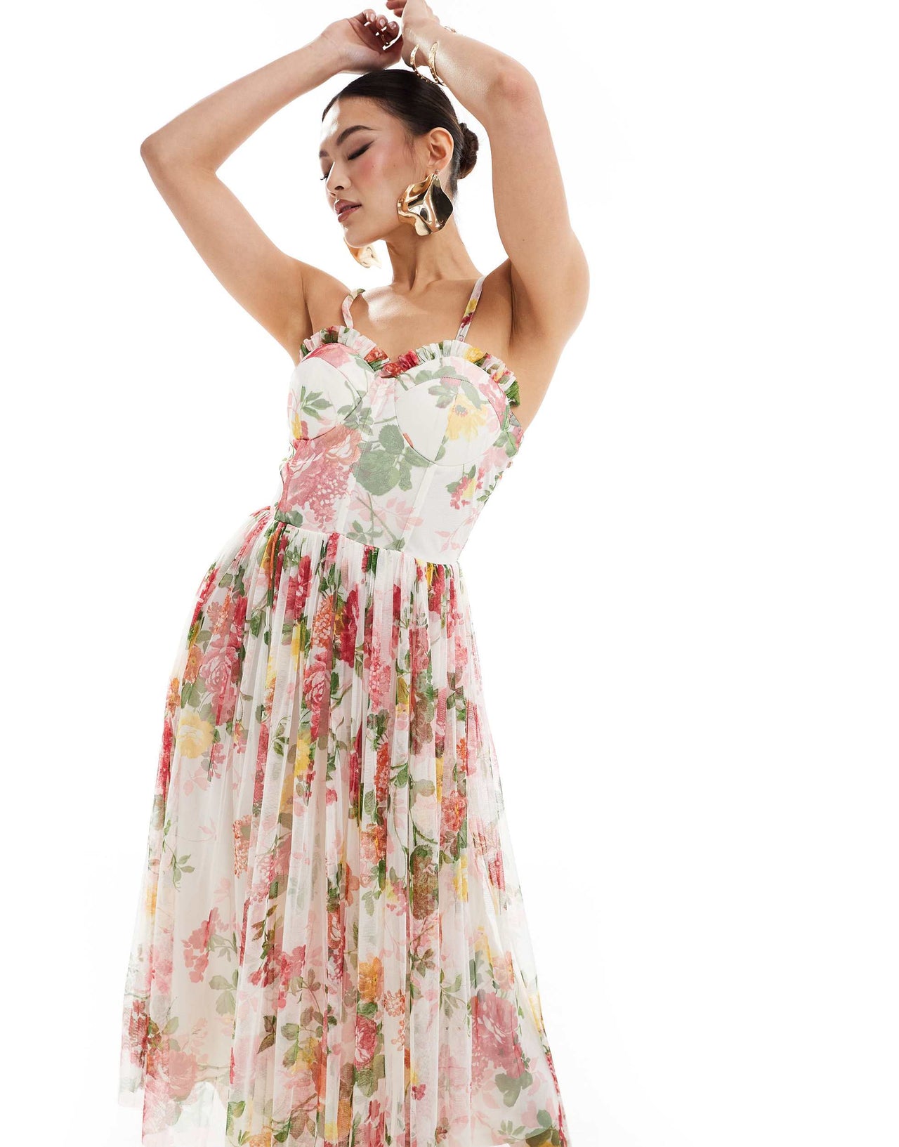 Lace & Beads tulle midi dress in cream floral