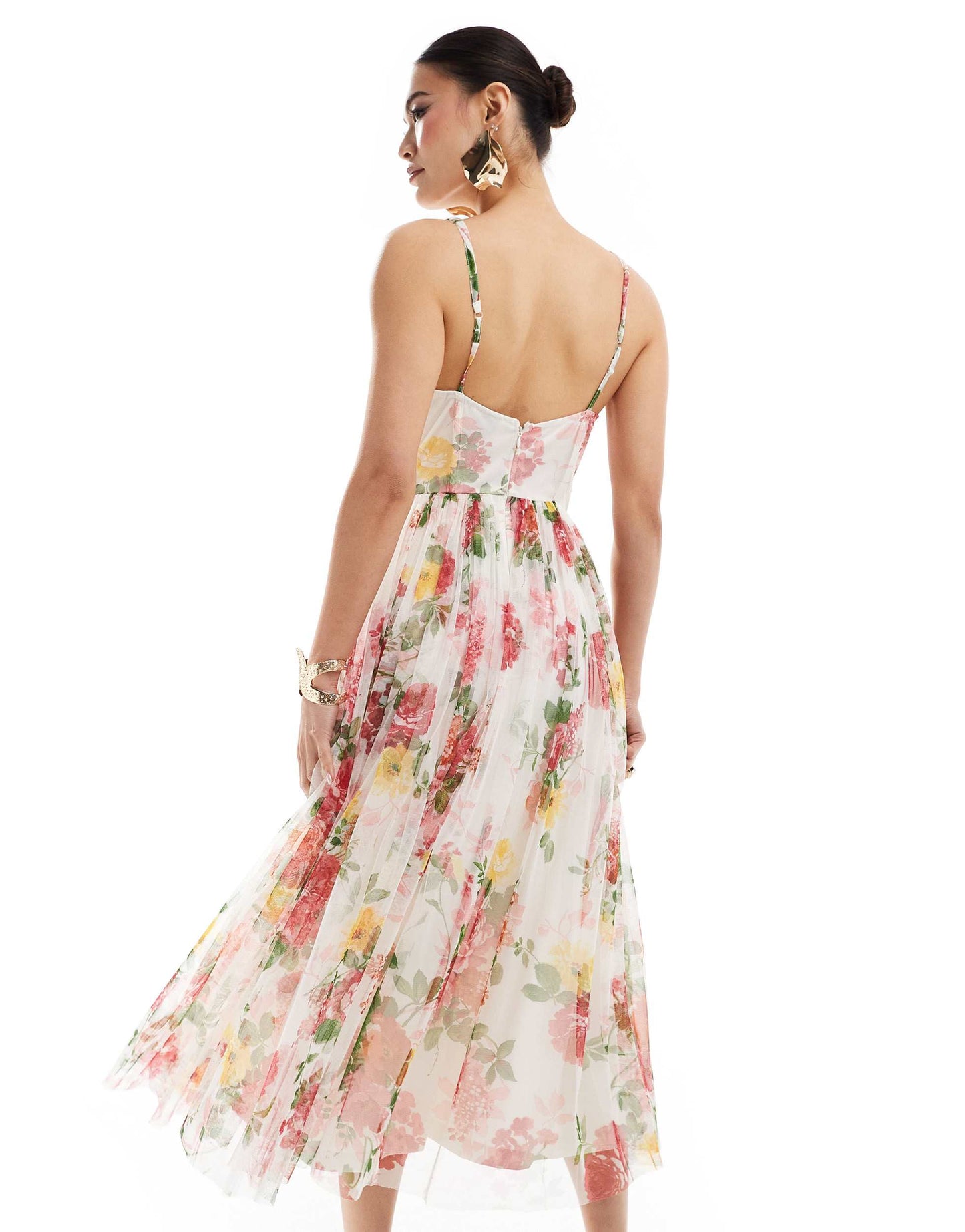 Lace & Beads tulle midi dress in cream floral