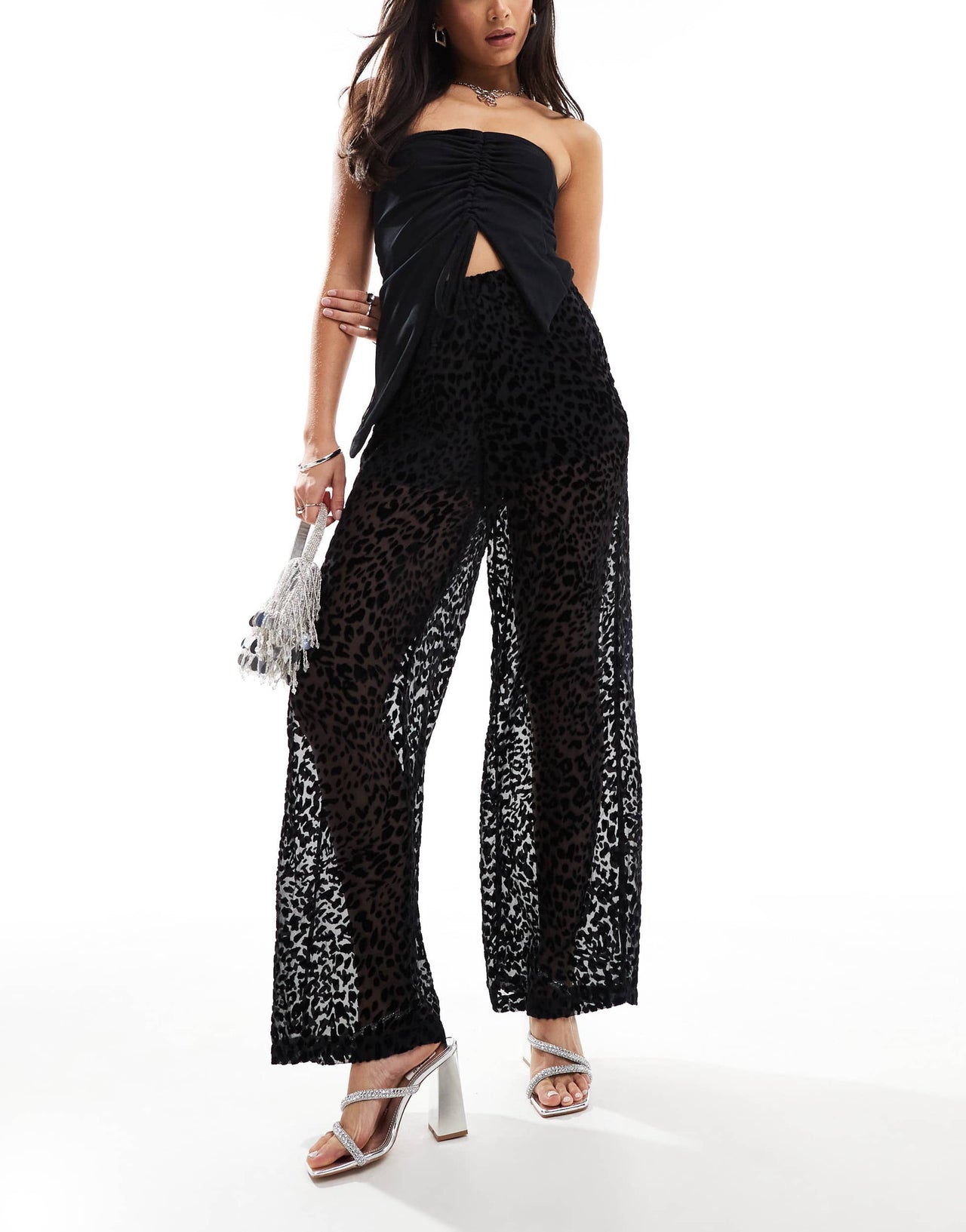 ASOS DESIGN sheer pull on trousers in black burnout animal print
