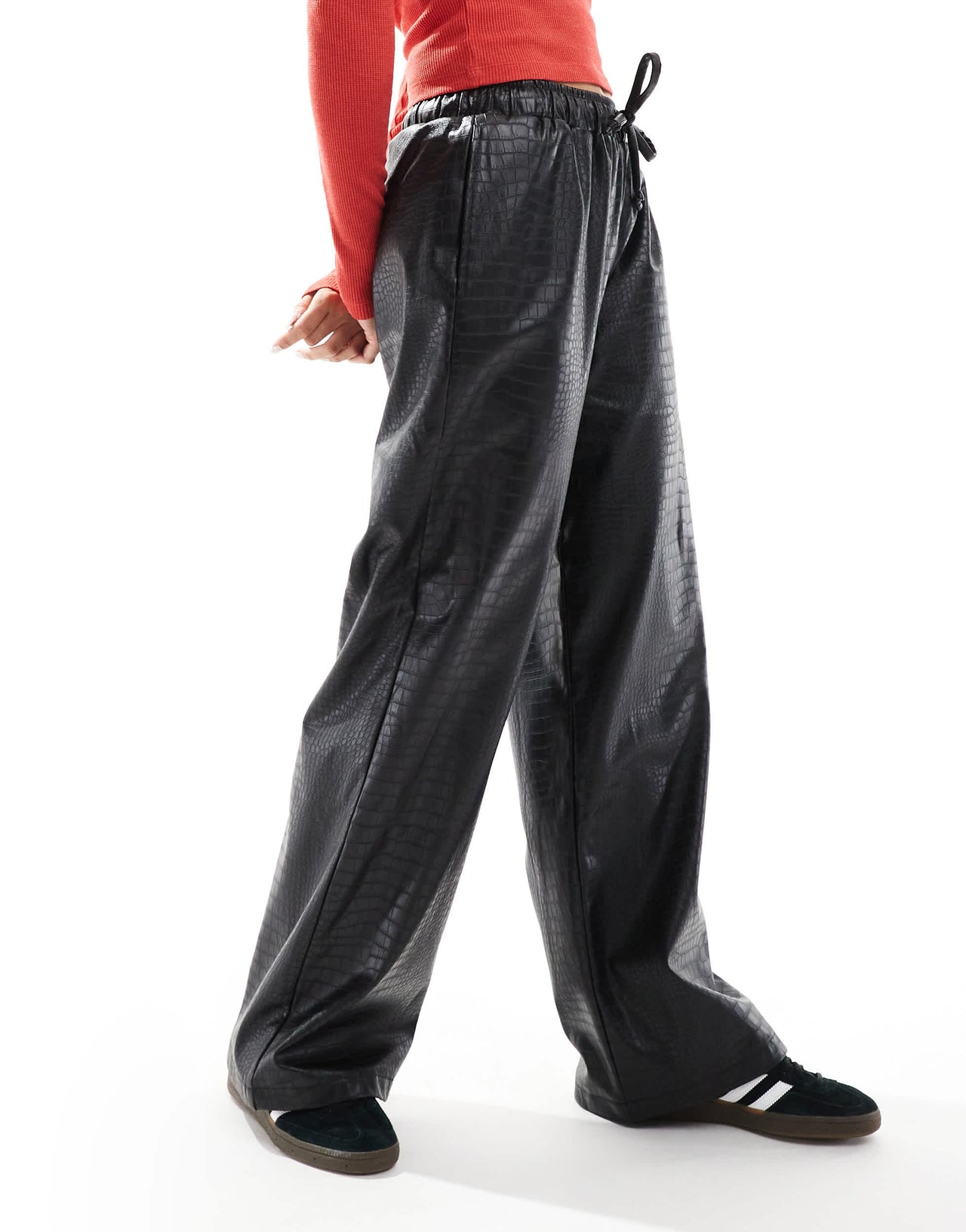 ASOS DESIGN faux leather wide leg pull on trouser in black croc