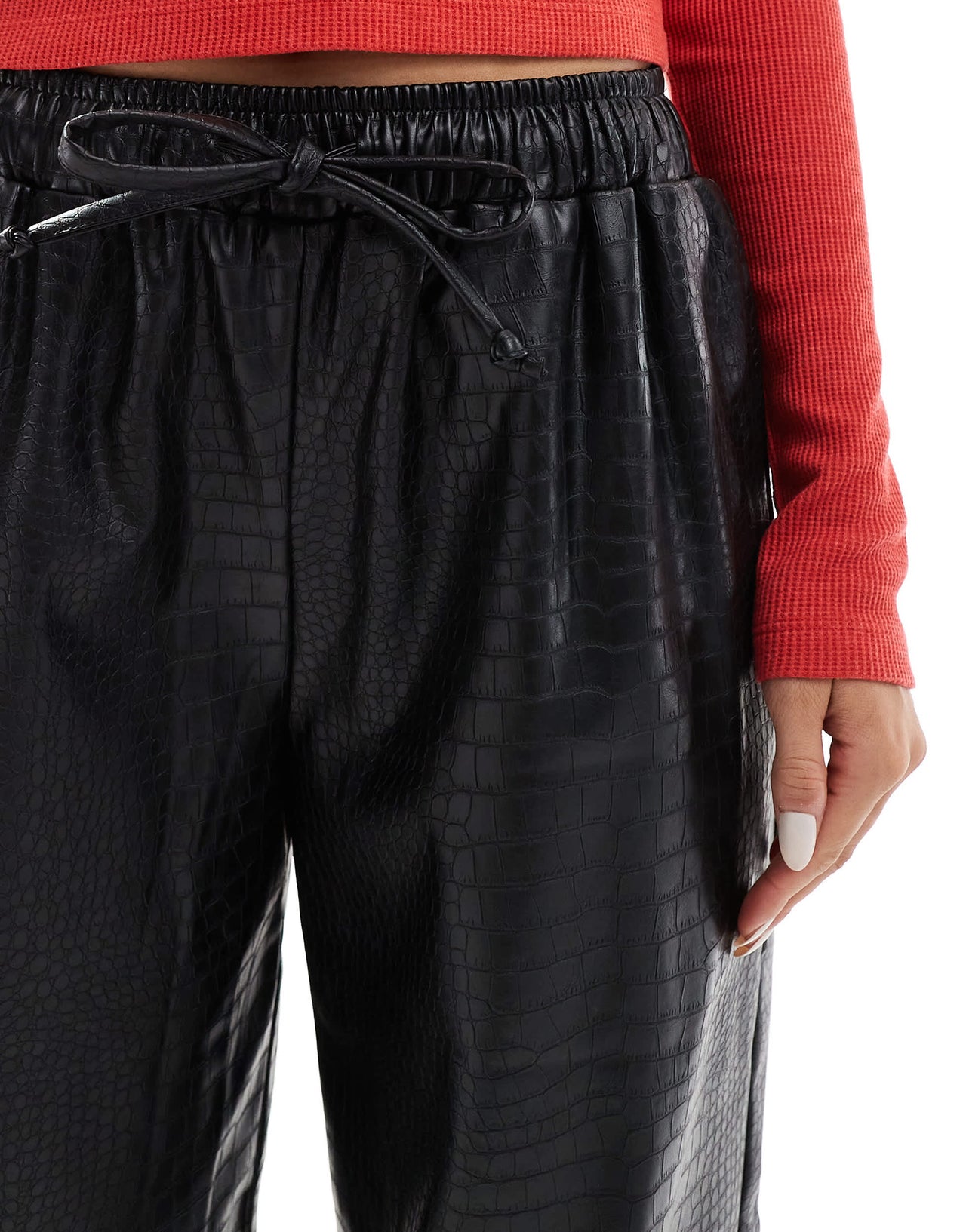 ASOS DESIGN faux leather wide leg pull on trouser in black croc