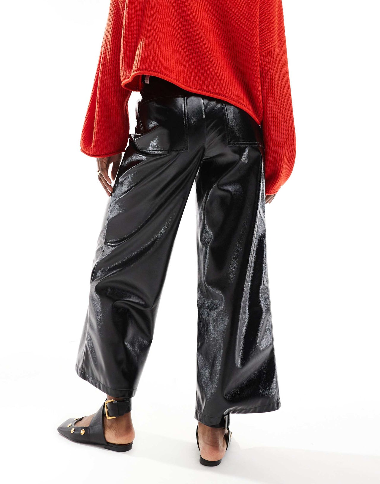 ASOS DESIGN ankle grazer wide leg high shine trouser in black