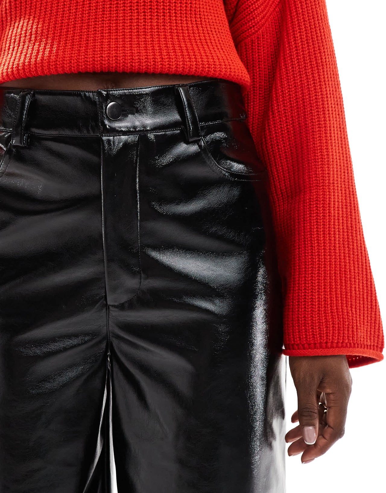 ASOS DESIGN ankle grazer wide leg high shine trouser in black