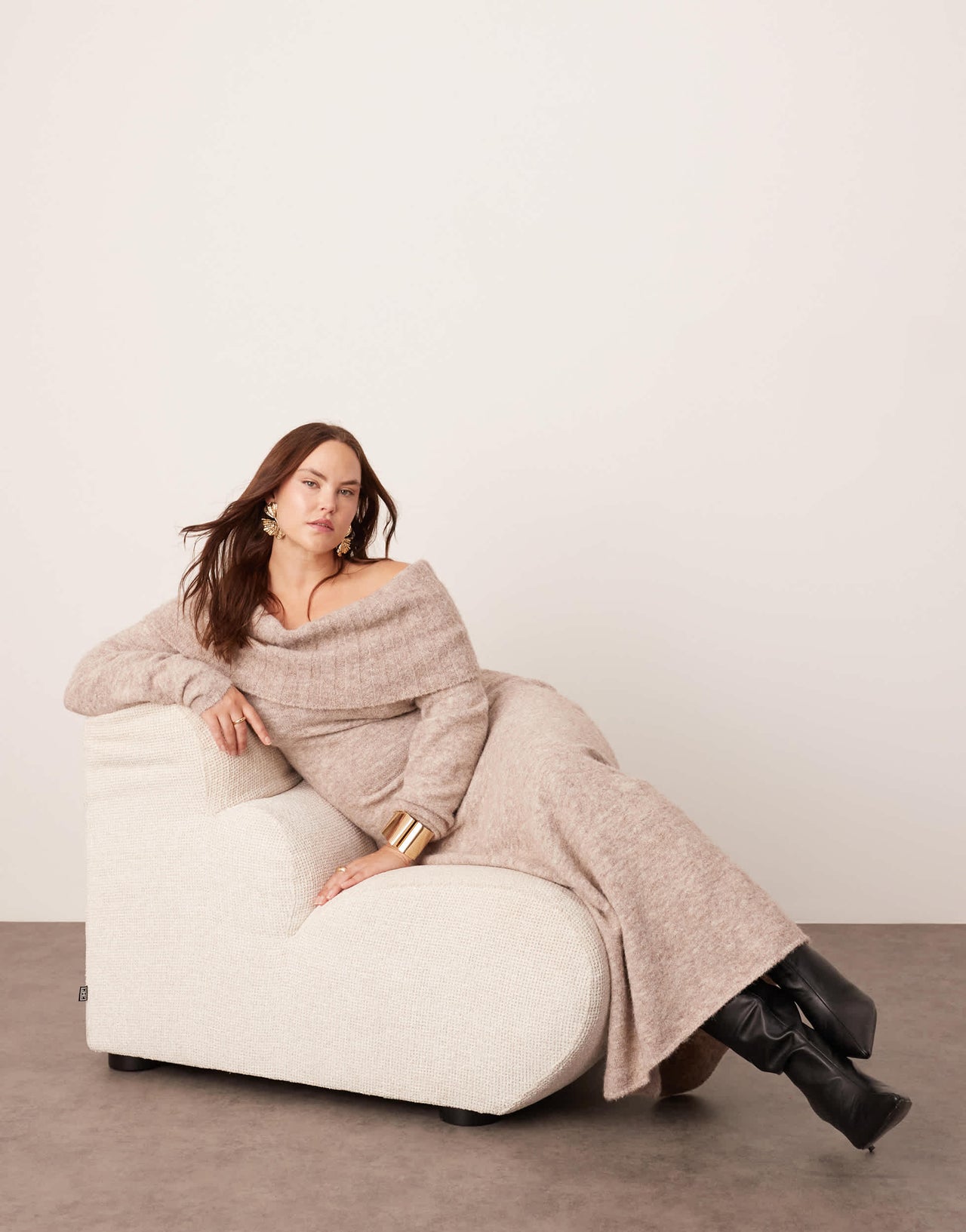 ASOS EDITION Curve knitted bardot midaxi dress in mushroom