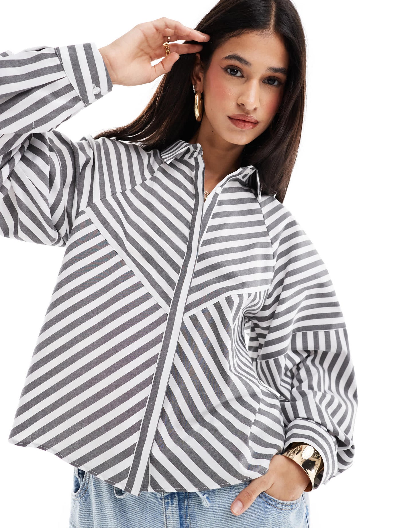 ASOS DESIGN spliced detail balloon sleeve shirt in grey stripe