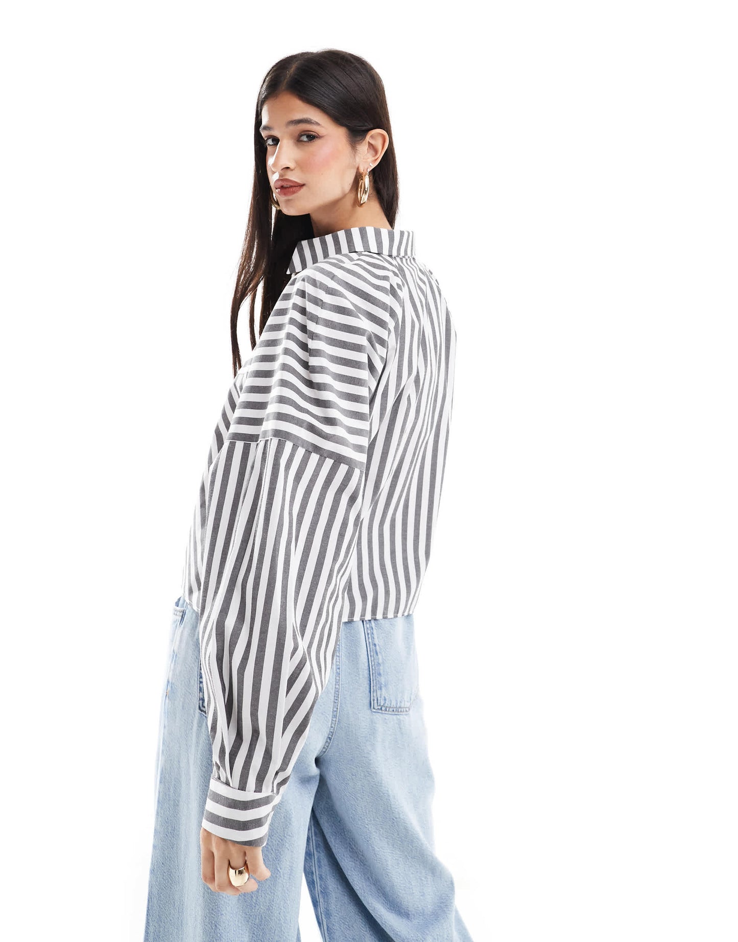 ASOS DESIGN spliced detail balloon sleeve shirt in grey stripe