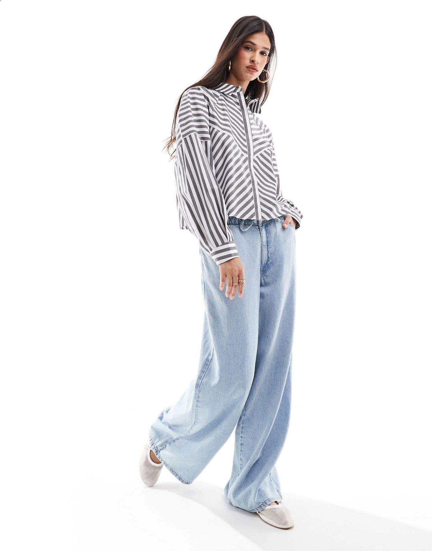 ASOS DESIGN spliced detail balloon sleeve shirt in grey stripe