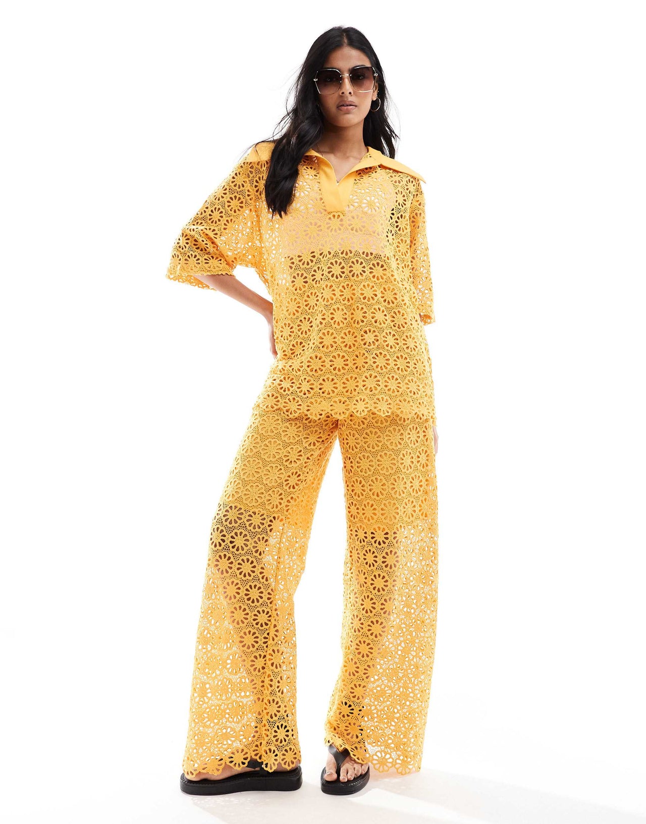 Heathe Adeze lace co-ord trousers in marigold