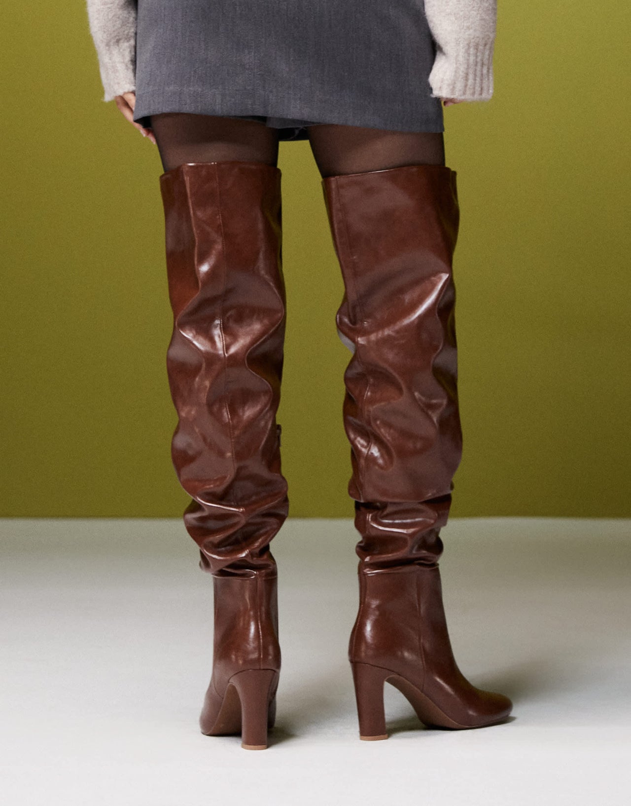 ASOS DESIGN Kaia block heeled ruched over the knee boots in tan