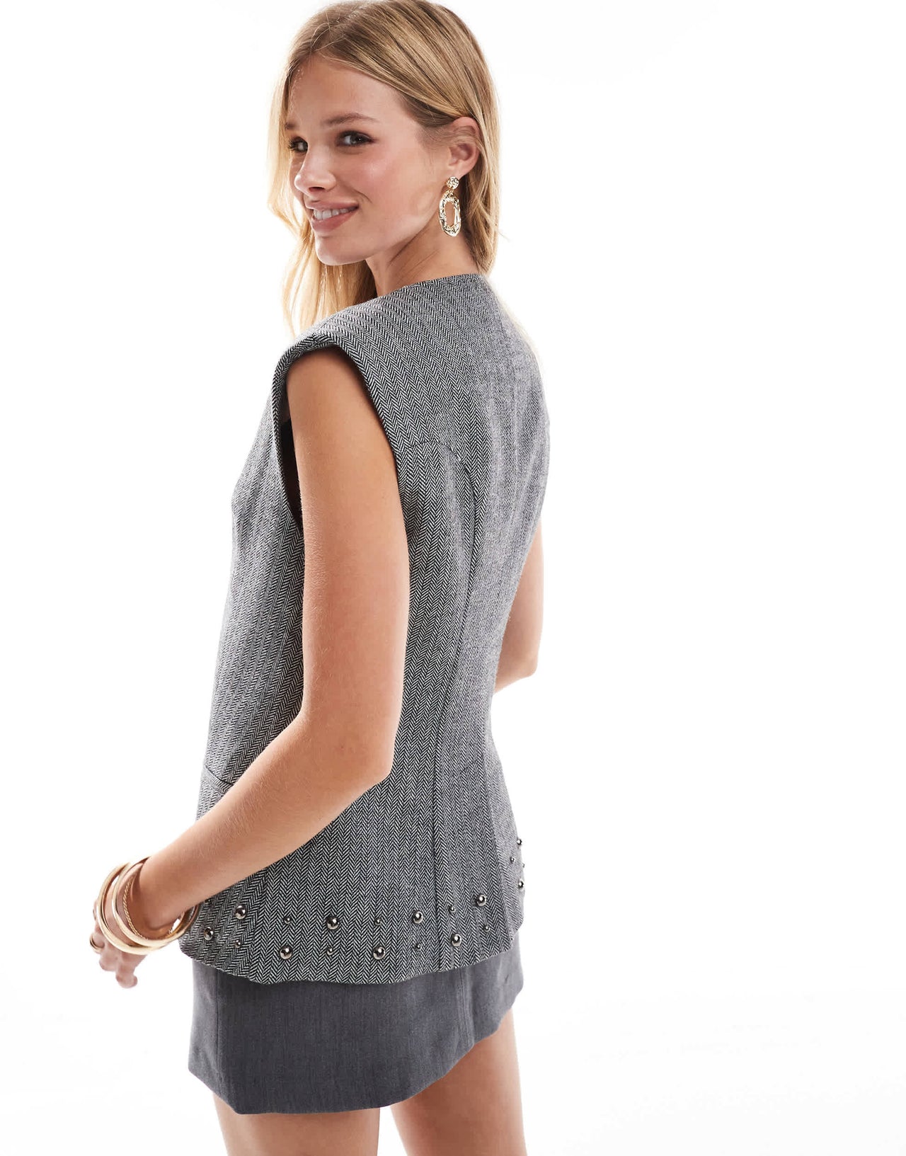 ASOS DESIGN tailored stud detail waistcoat in grey herringbone