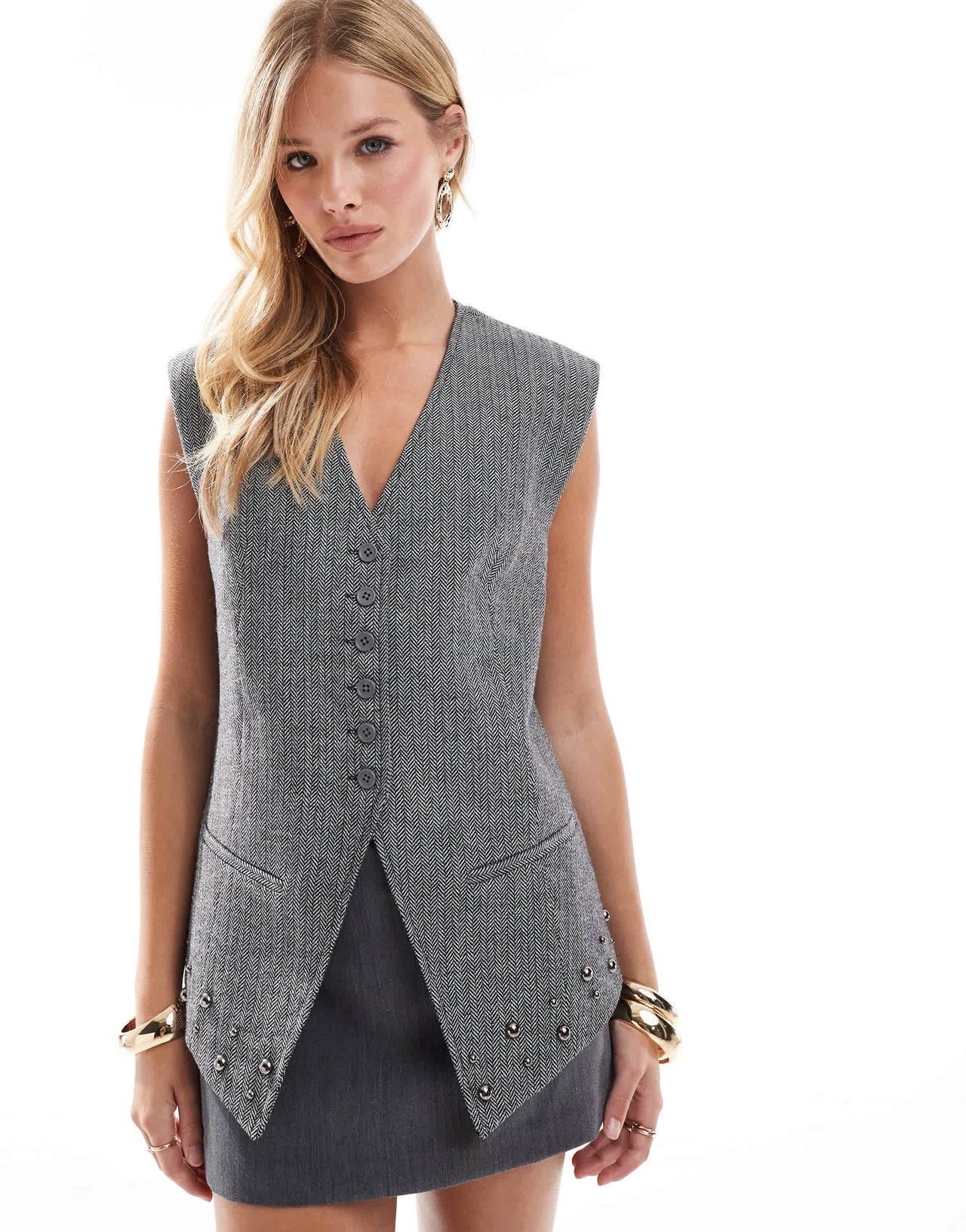 ASOS DESIGN tailored stud detail waistcoat in grey herringbone
