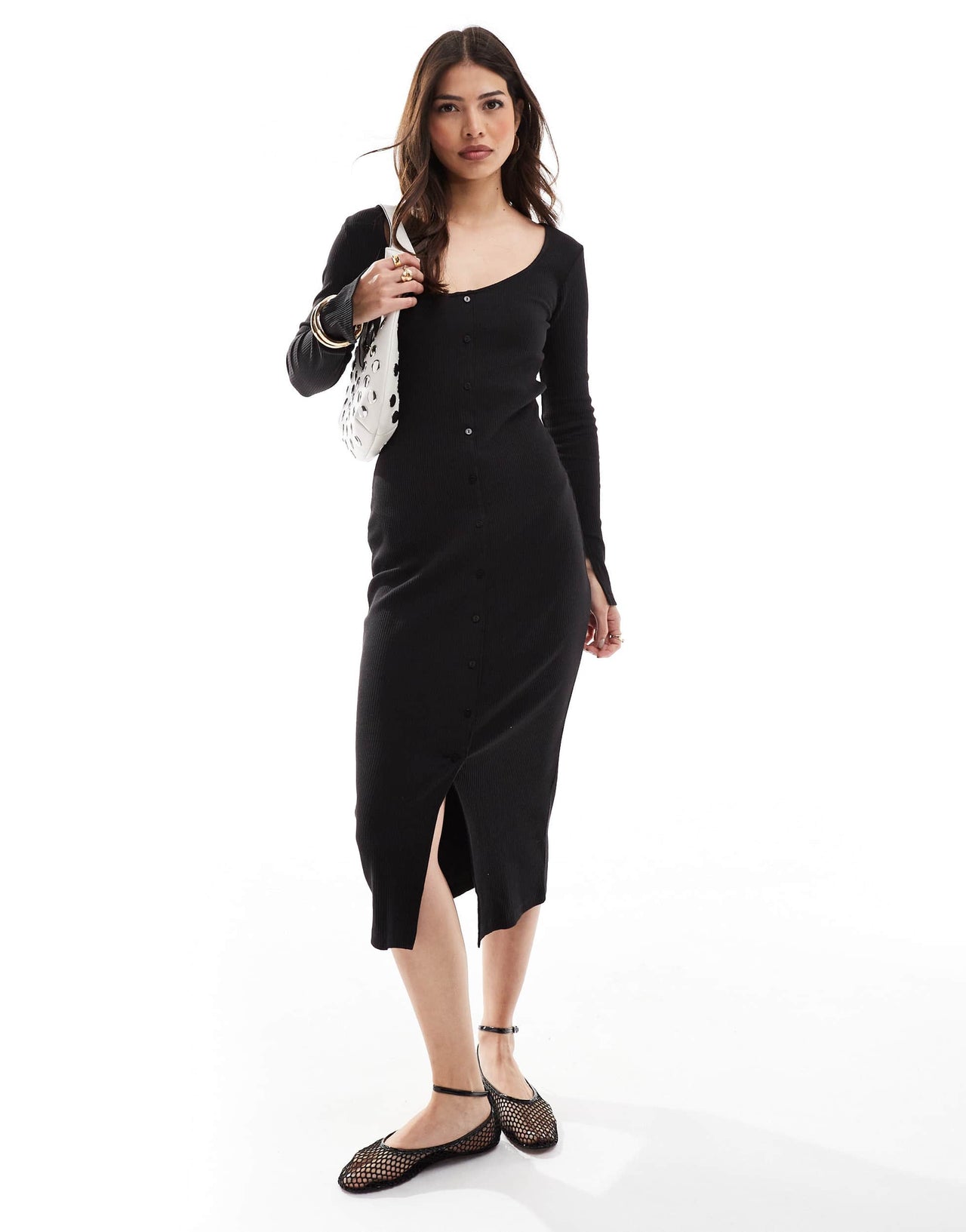 Pieces ribbed button through midi dress with side split sleeves in black