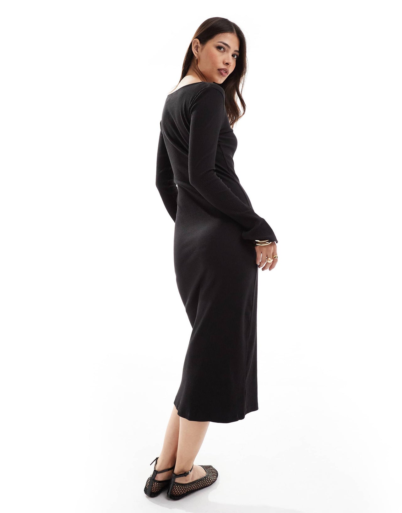 Pieces ribbed button through midi dress with side split sleeves in black