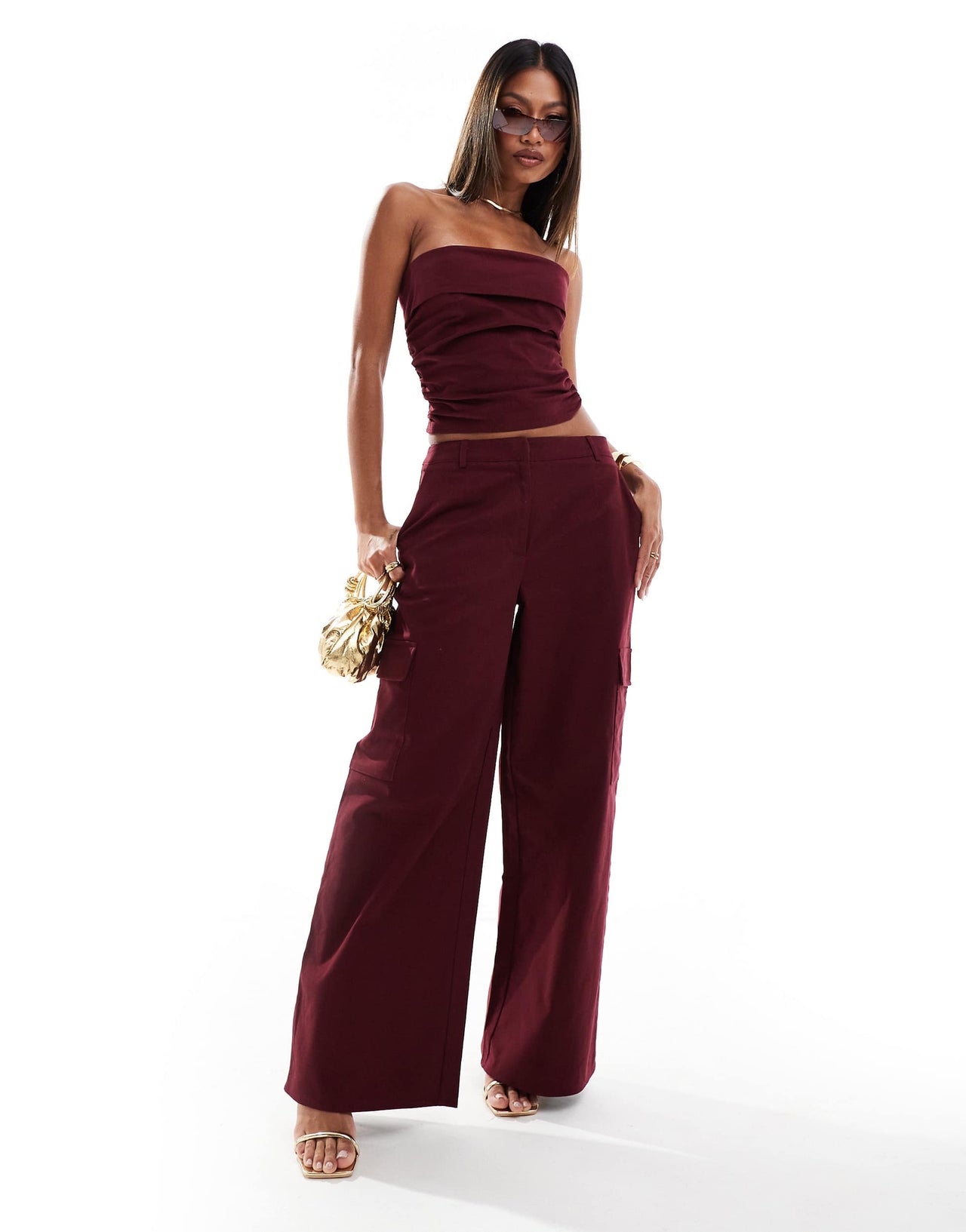 Kaiia exclusive cotton rich wide leg trousers co-ord in dark burgundy
