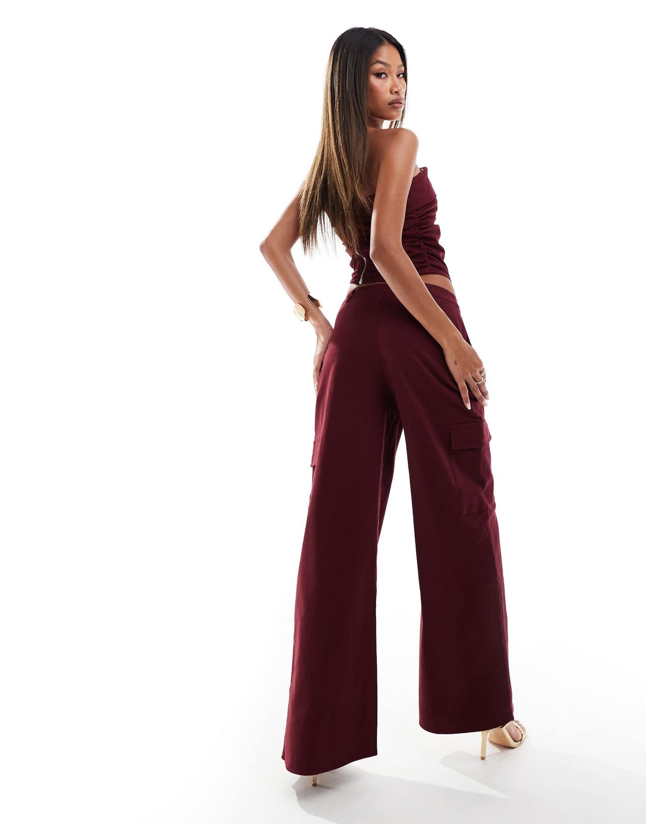 Kaiia exclusive cotton rich wide leg trousers co-ord in dark burgundy