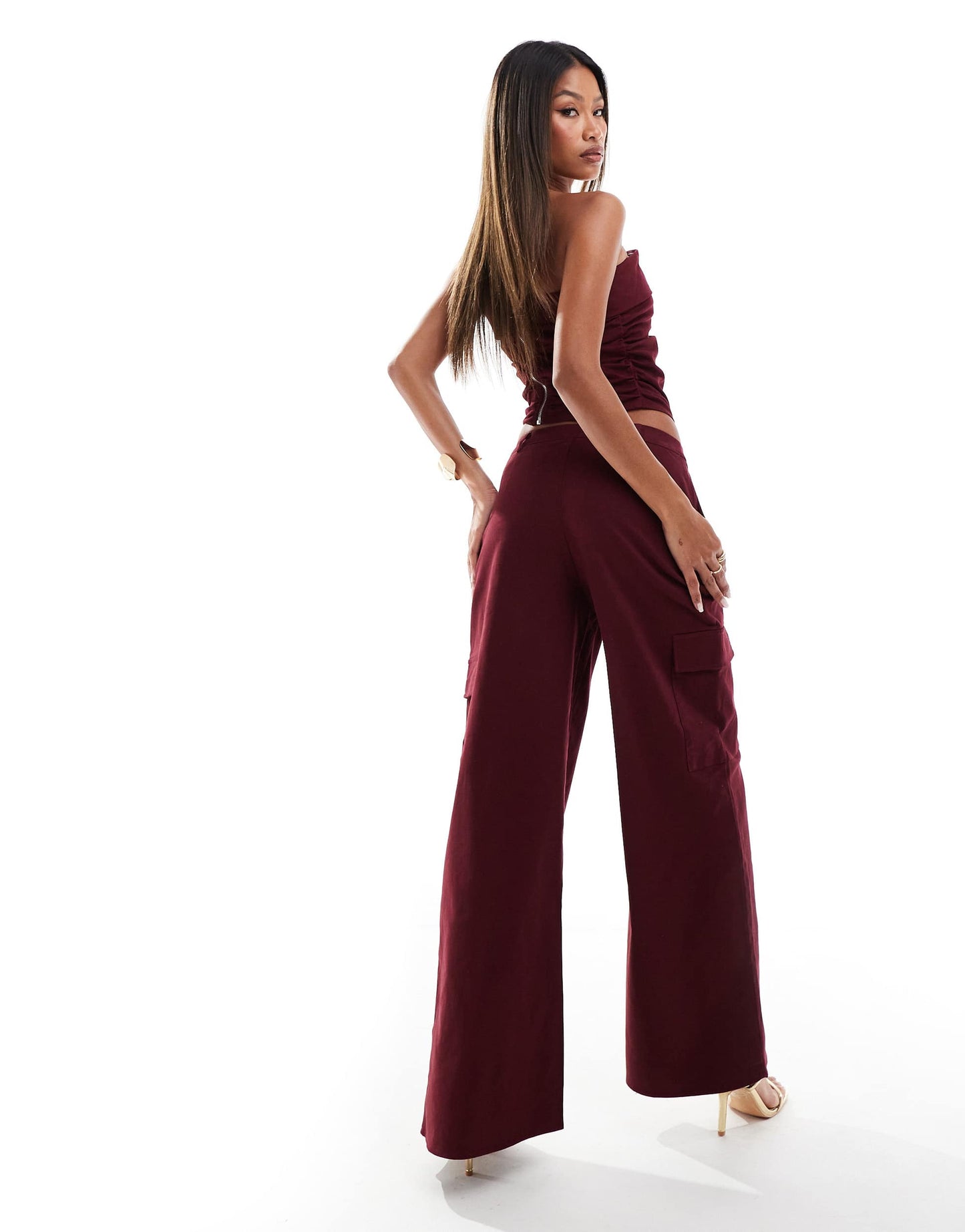 Kaiia exclusive cotton rich wide leg trousers co-ord in dark burgundy