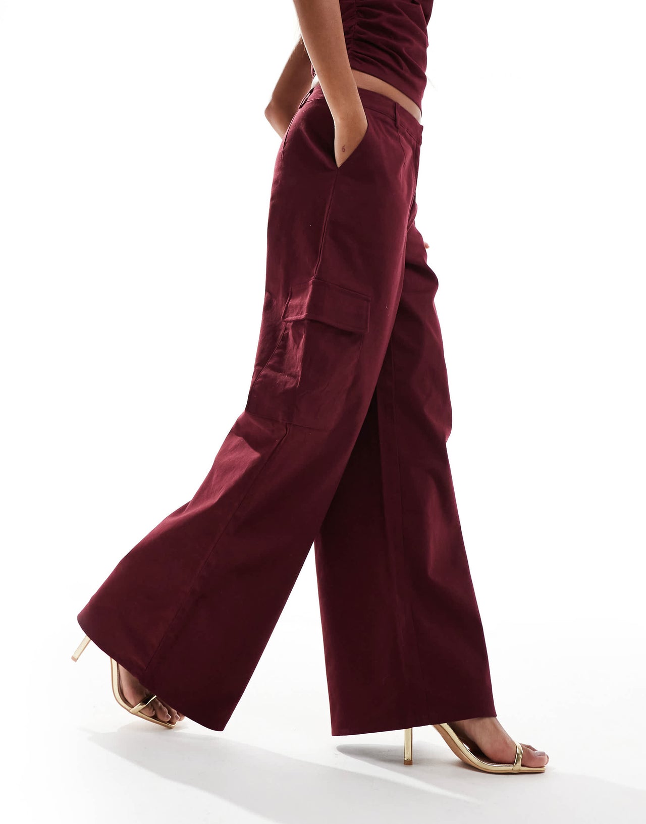 Kaiia exclusive cotton rich wide leg trousers co-ord in dark burgundy