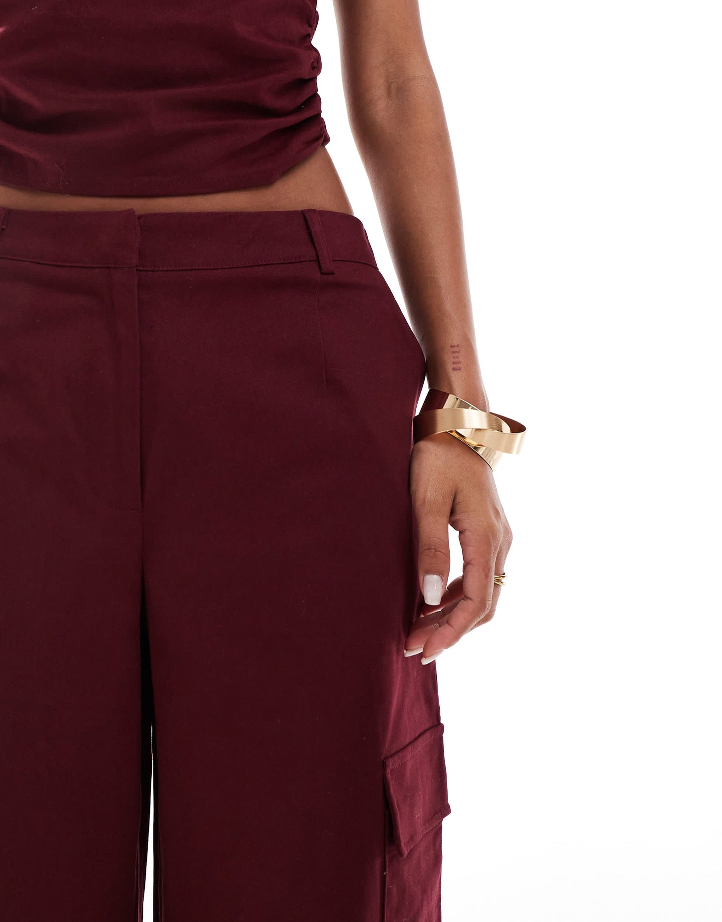 Kaiia exclusive cotton rich wide leg trousers co-ord in dark burgundy