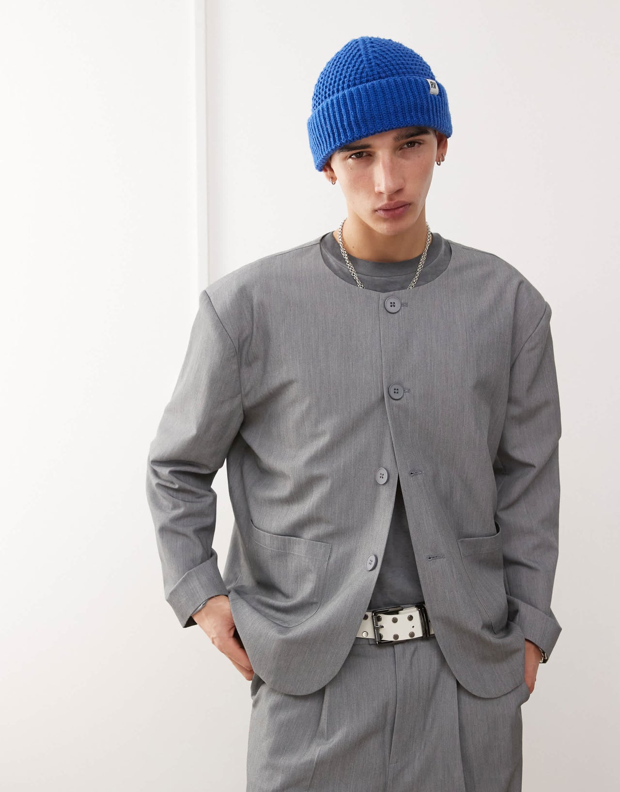 Reclaimed Vintage collarless blazer in grey