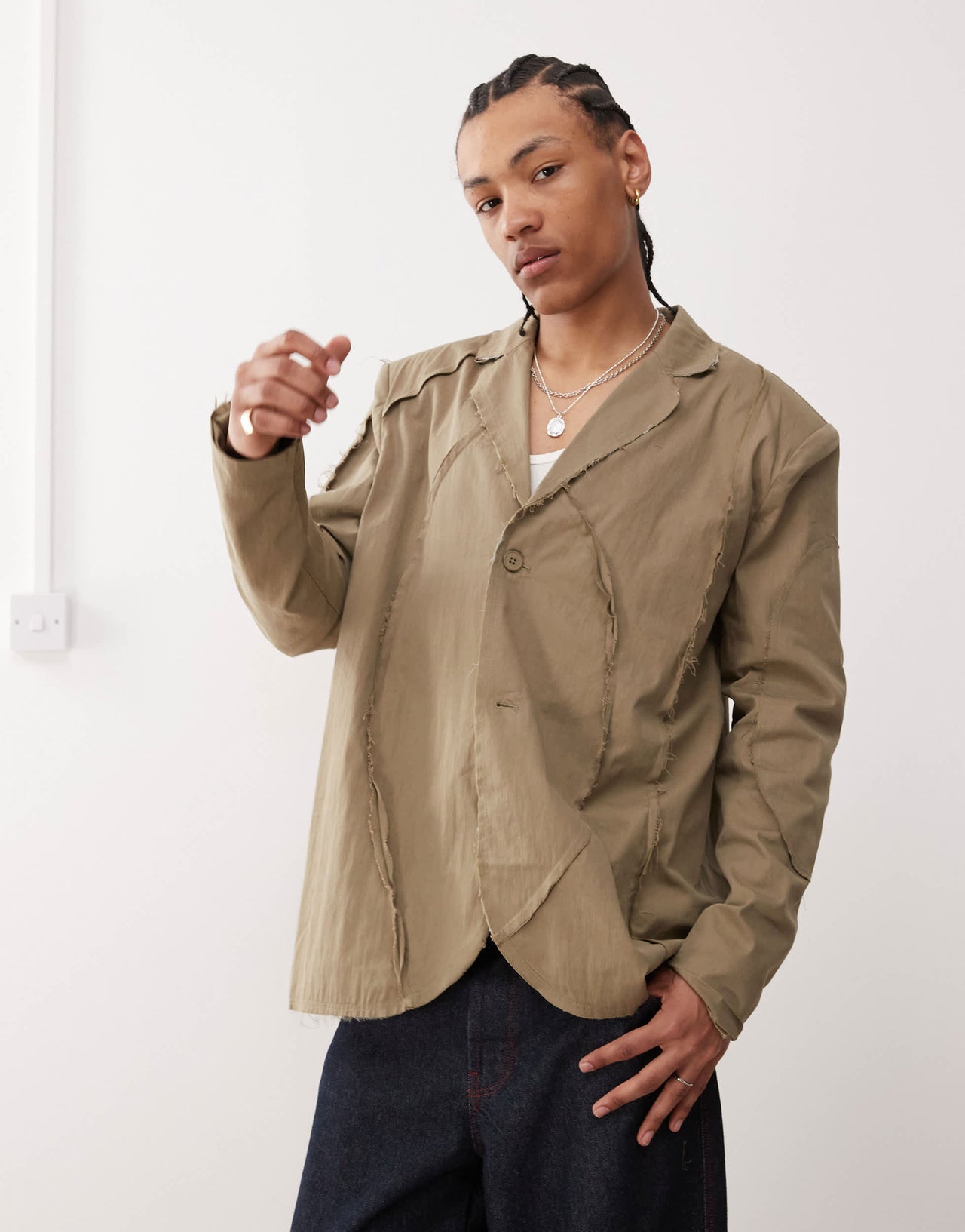 Reclaimed Vintage frayed suit blazer in beige